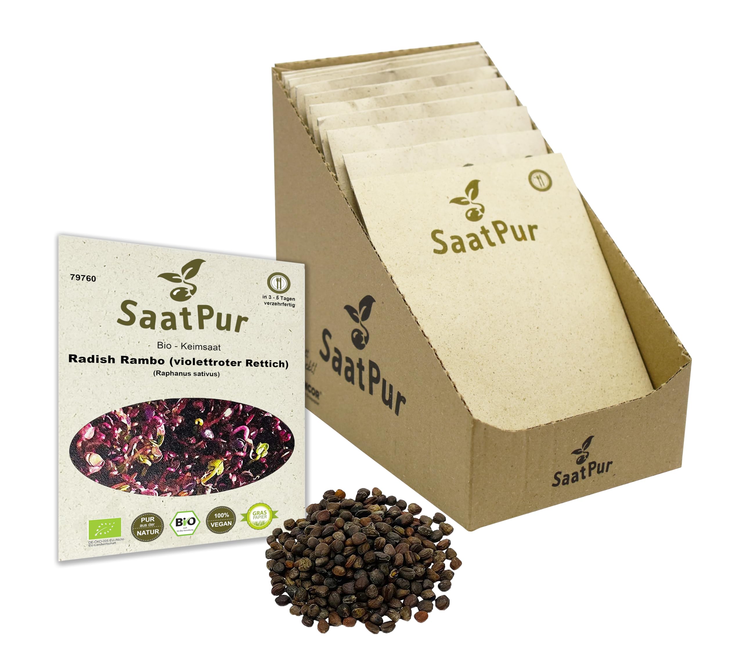 Rambo BIO Keimsprossen von SaatPur - Radies Sprossen, Microgreens - Kleines Tray mit 20 Portionstüten je 30g
