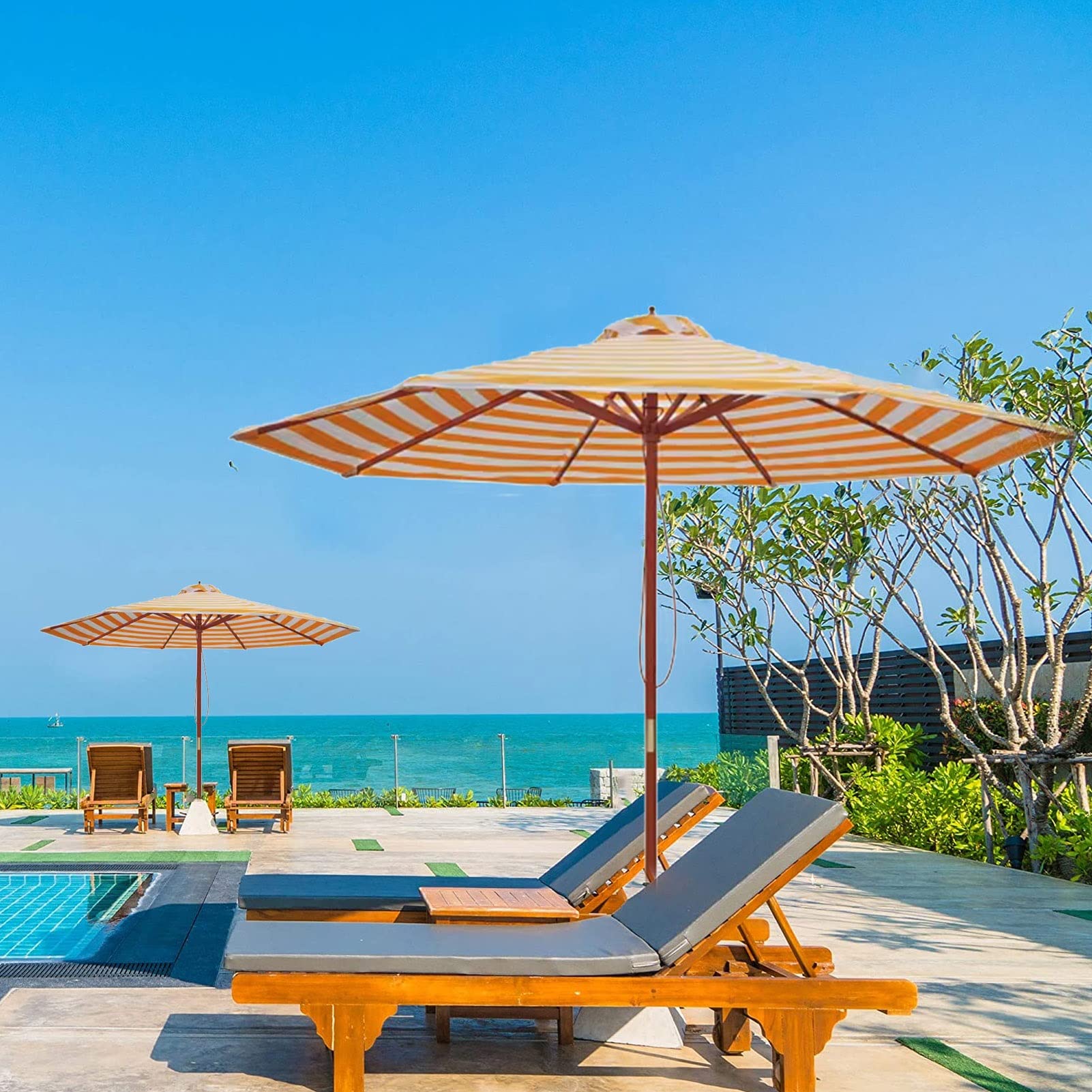 2.7m Zewnętrzny parasol patio, żółty biały pasek drewniany parasol ogrodowy z kołem kołowym, Market Table parasol z 8 solidnymi żebrami, do balkonu/plaży/basenu, Szerokość słupa ø 38 mm