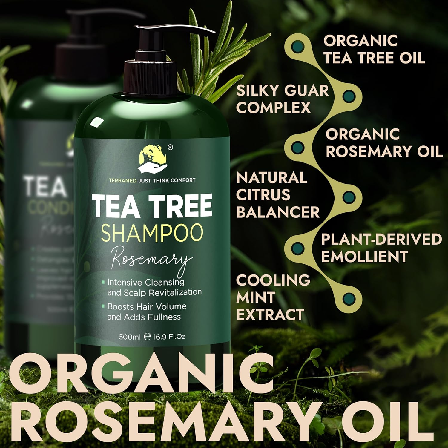 Rosemary Shampoo and Conditioner Set Infused with Tea Tree & Rosemary Oils for Scalp Relief and Hair Growth | Sulfate Free, Soothes Dry Scalp, Boosts Shine + Free Scalp Brush | 16.9 fl oz - Image 3