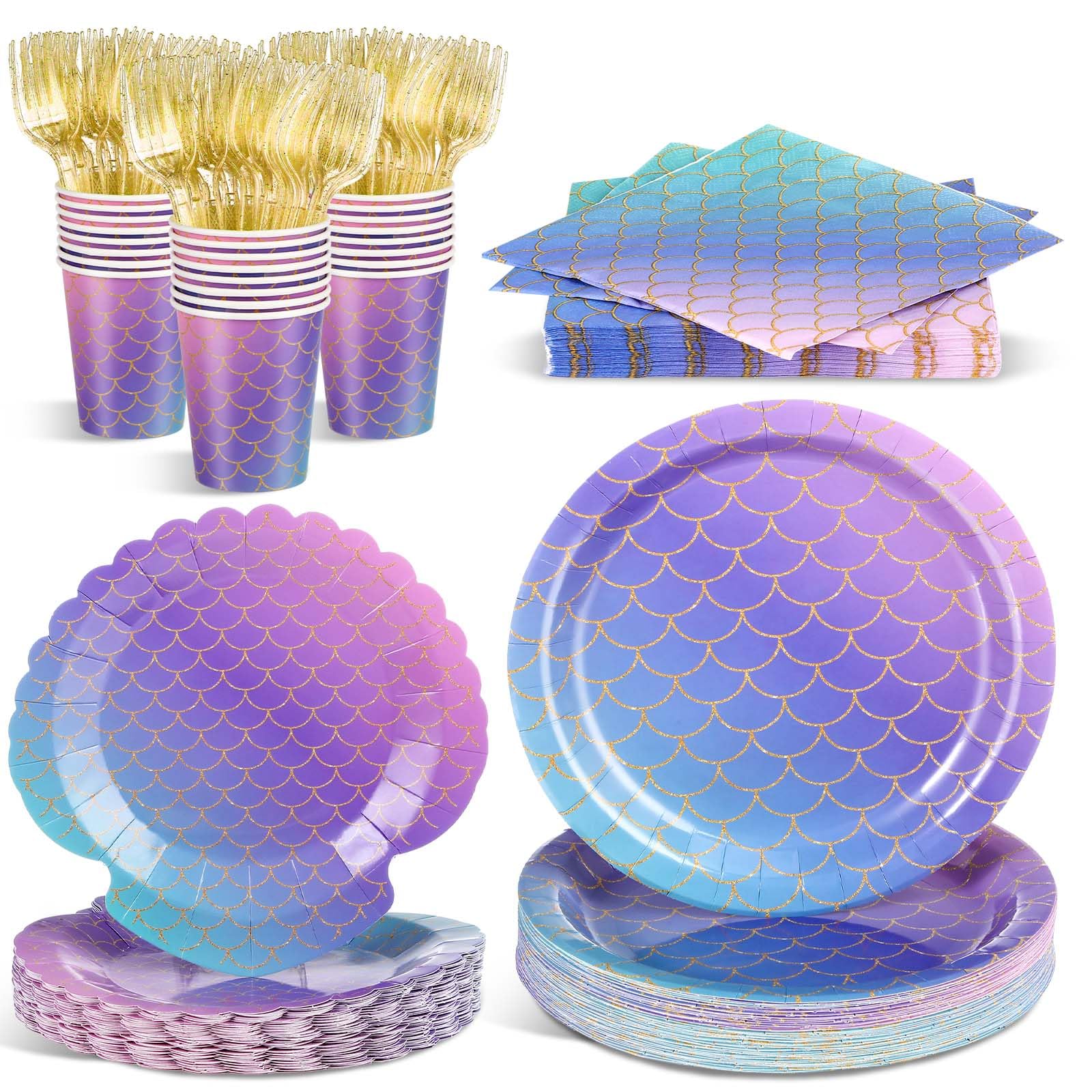 Blushtier 120 Pcs Mermaid Party Supplies Mermaids Themed Decorations Under the Sea Disposable Dinnerware Set Includes Plates Napkins Cups Fork for