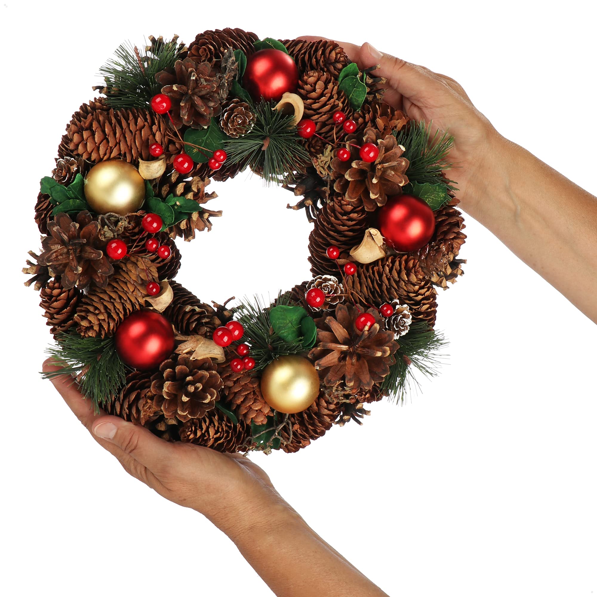 COM-FOUR® Ghirlanda natalizia per porta - Ghirlanda dell'Avvento con pigne e palline di Natale - Ghirlanda decorativa Ø ca. 30cm - Decorazione Natale (palline dorate + rosse)