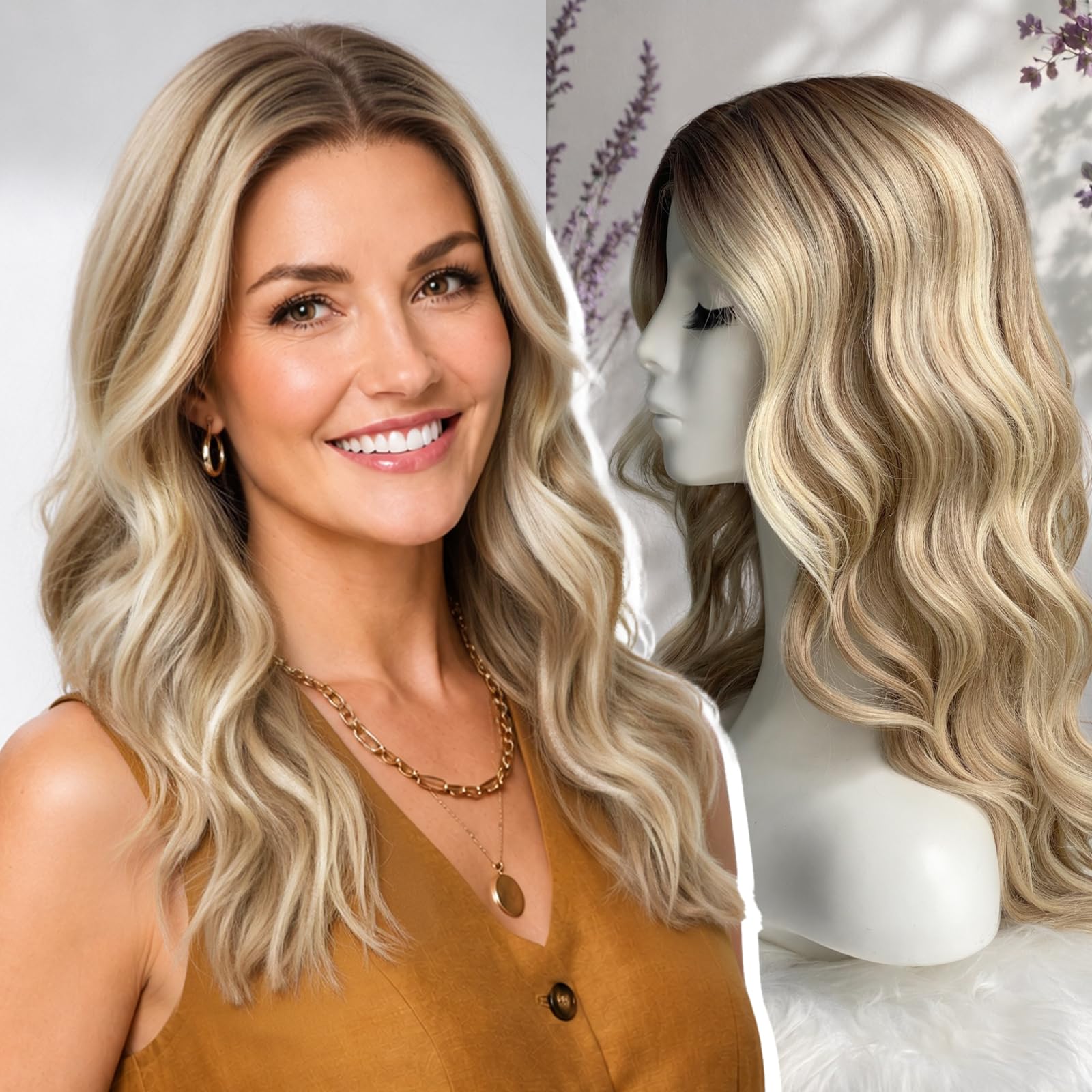KOME Blonde Highlight Human Hair Blend Lace Front Wig, T Part Glueless Curly Wavy Wigs for Women Daily Use 20IN（#TT416825）