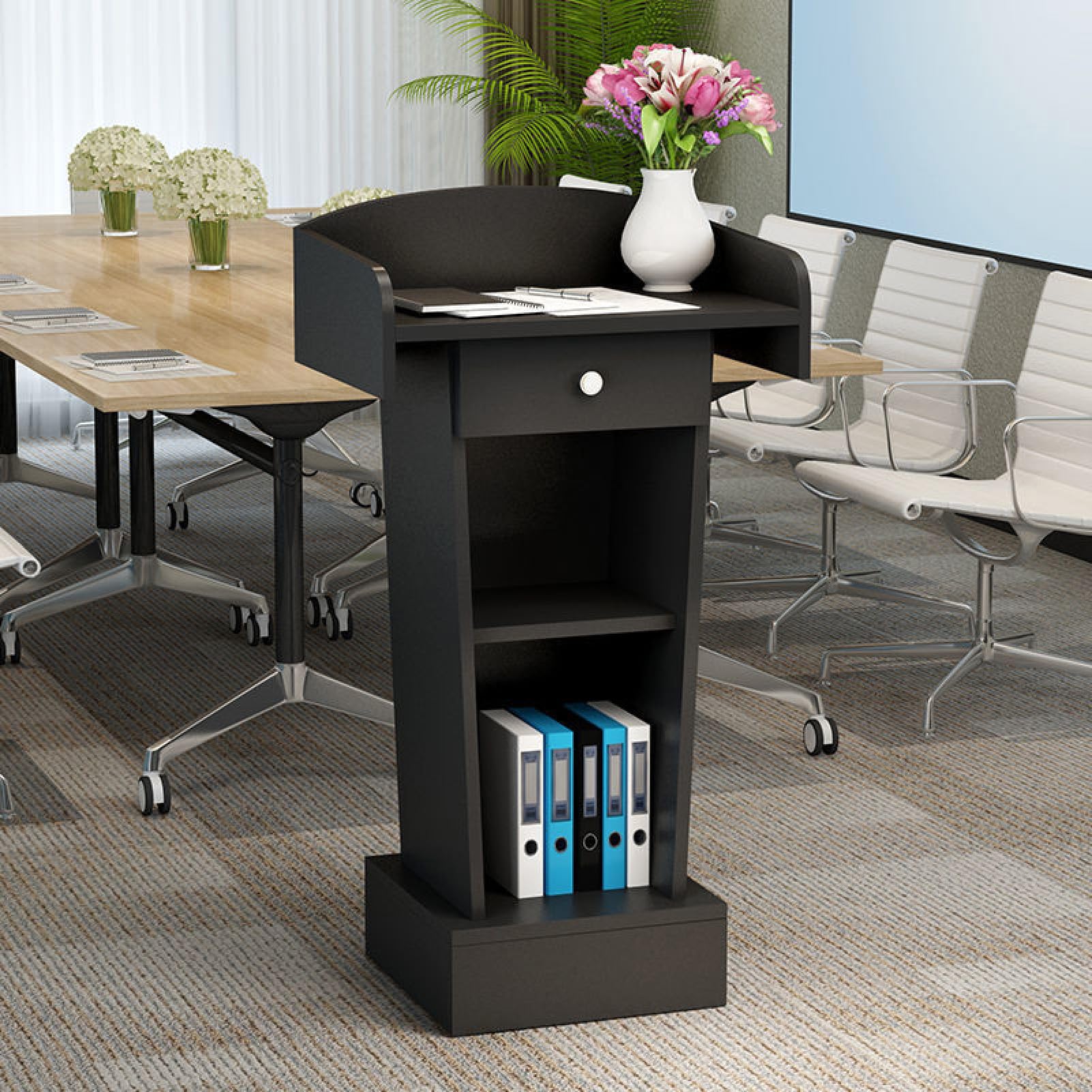 Atril de madera maciza y diseño elegante negro para aulas y presentaciones