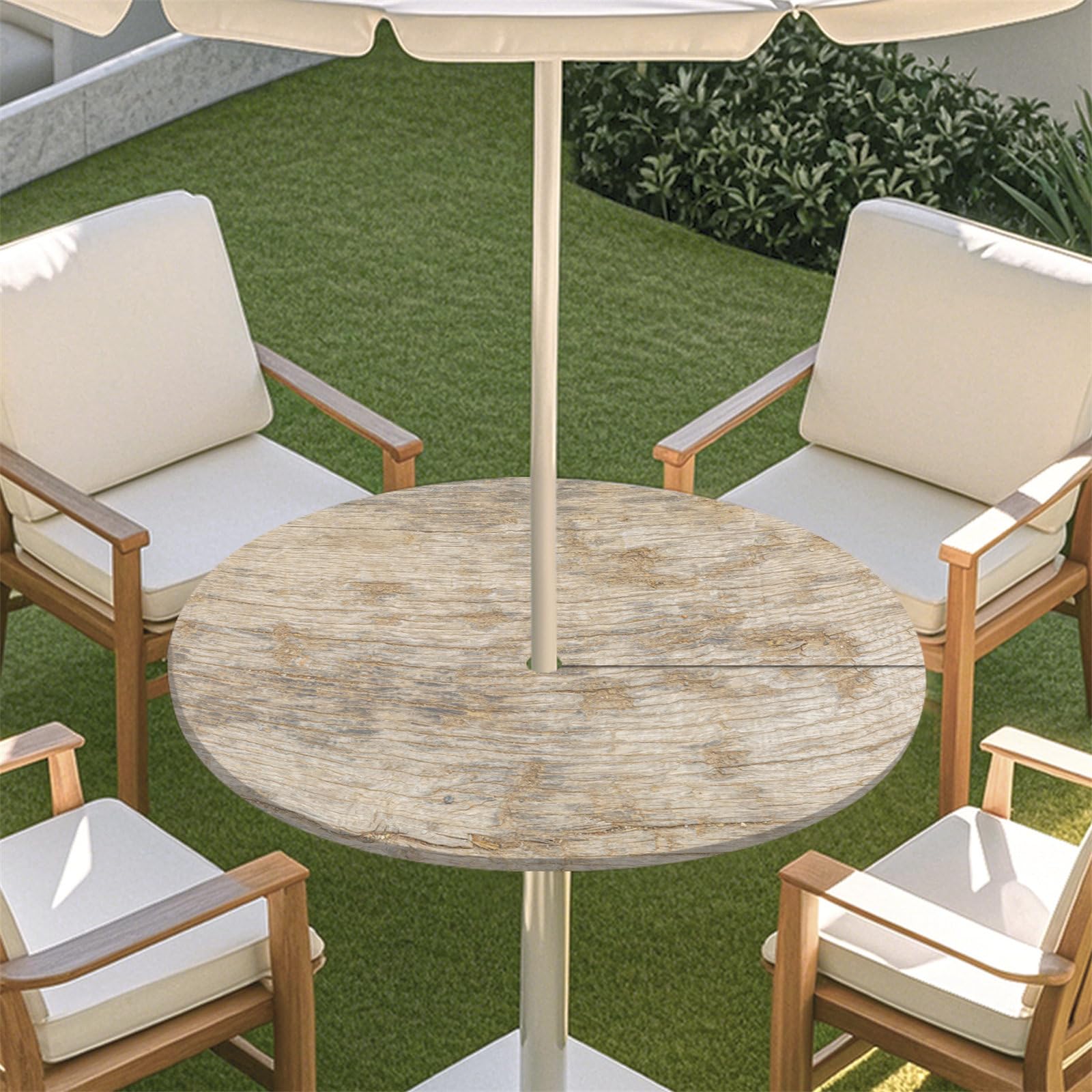 Fasbuy Outdoor Round Tablecloth with Parasol Hole and Zipper, Woodgrain Table Cloth Waterproof, Damask Ceramic Tile Mandala Wipeable Tablecloths Elastic Edge for Patio Garden (Khaki,M)