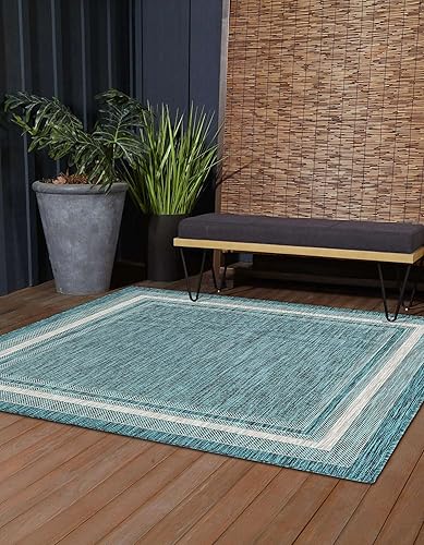 Vista 351 de Unique Loom - Colección Outdoor Border - Tapete para exteriores de borde suave - 5 pies 3 pulgadas x 8 pies, rectangular, azul/marfil azu/marfil