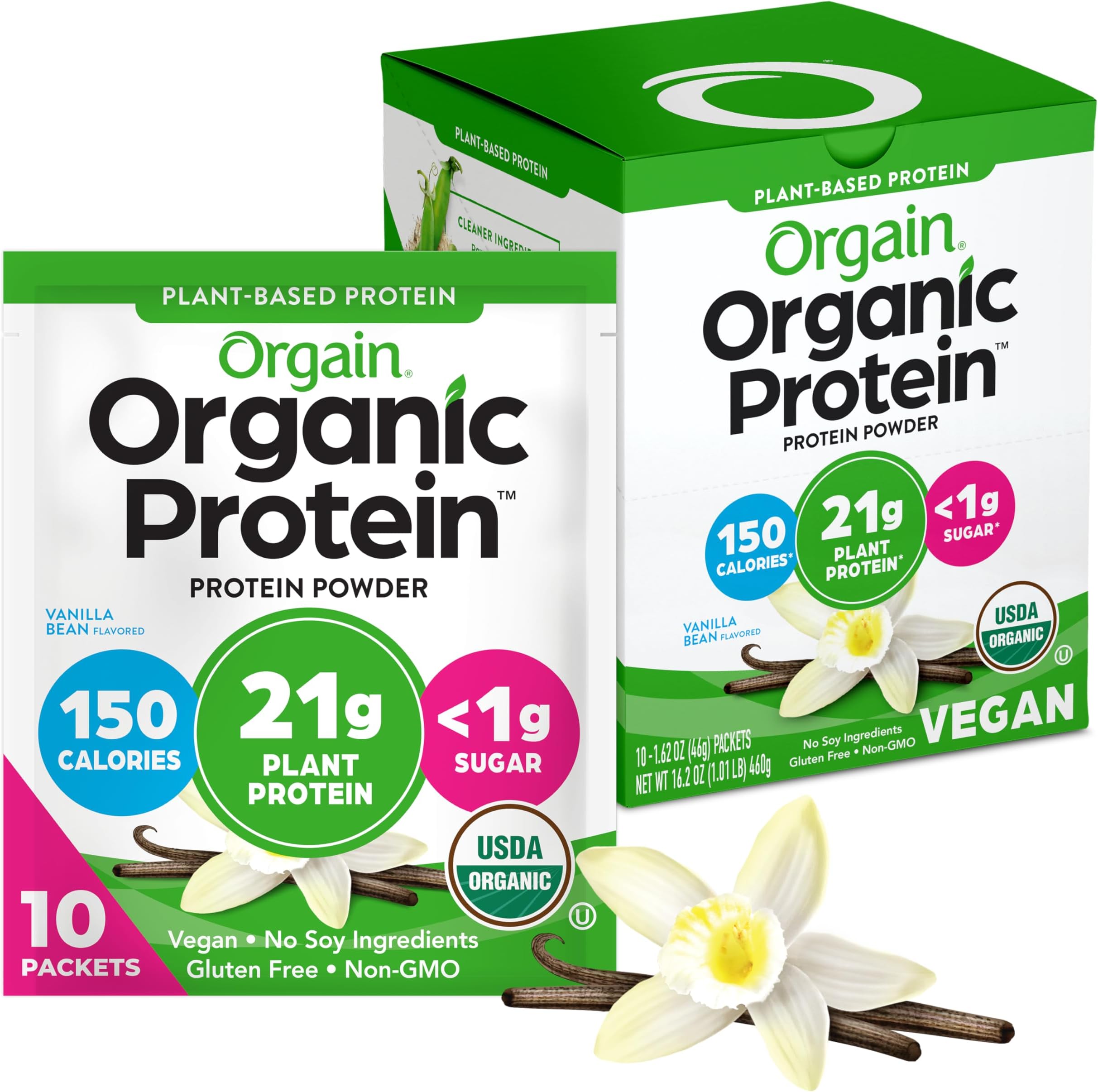 Orgain Organic Vegan Protein Powder, Vanilla Bean - 21g Plant Protein, 5g Prebiotic Fiber, Low Carb, No Lactose Ingredients, No Added Sugar, Non-GMO, 10 Single Serve Individual Packets