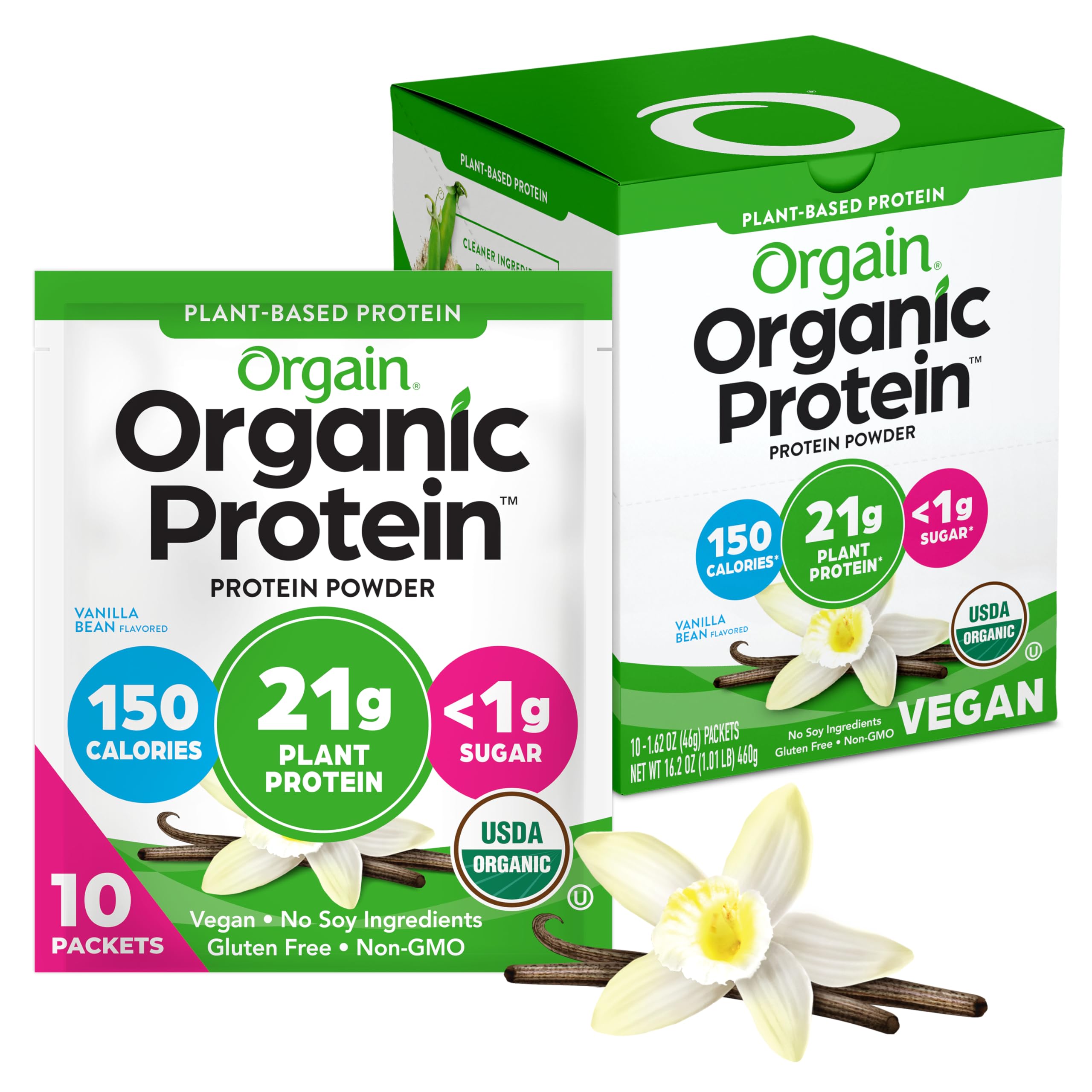 Orgain Organic Vegan Protein Powder, Vanilla Bean - 21g Plant Protein, 5g Prebiotic Fiber, Low Carb, No Lactose Ingredients, No Added Sugar, Non-GMO, For Shakes & Smoothies, 10 Travel Packs