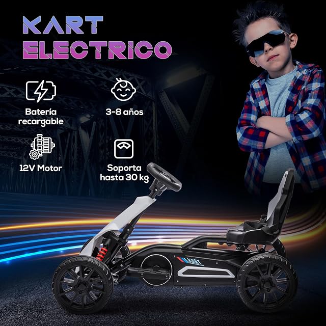 Foto 3 de 8 de HOMCOM Go Kart Coche Eléctrico de Niños 3-8 Años 12V 100x58x58,5 cm Blanco