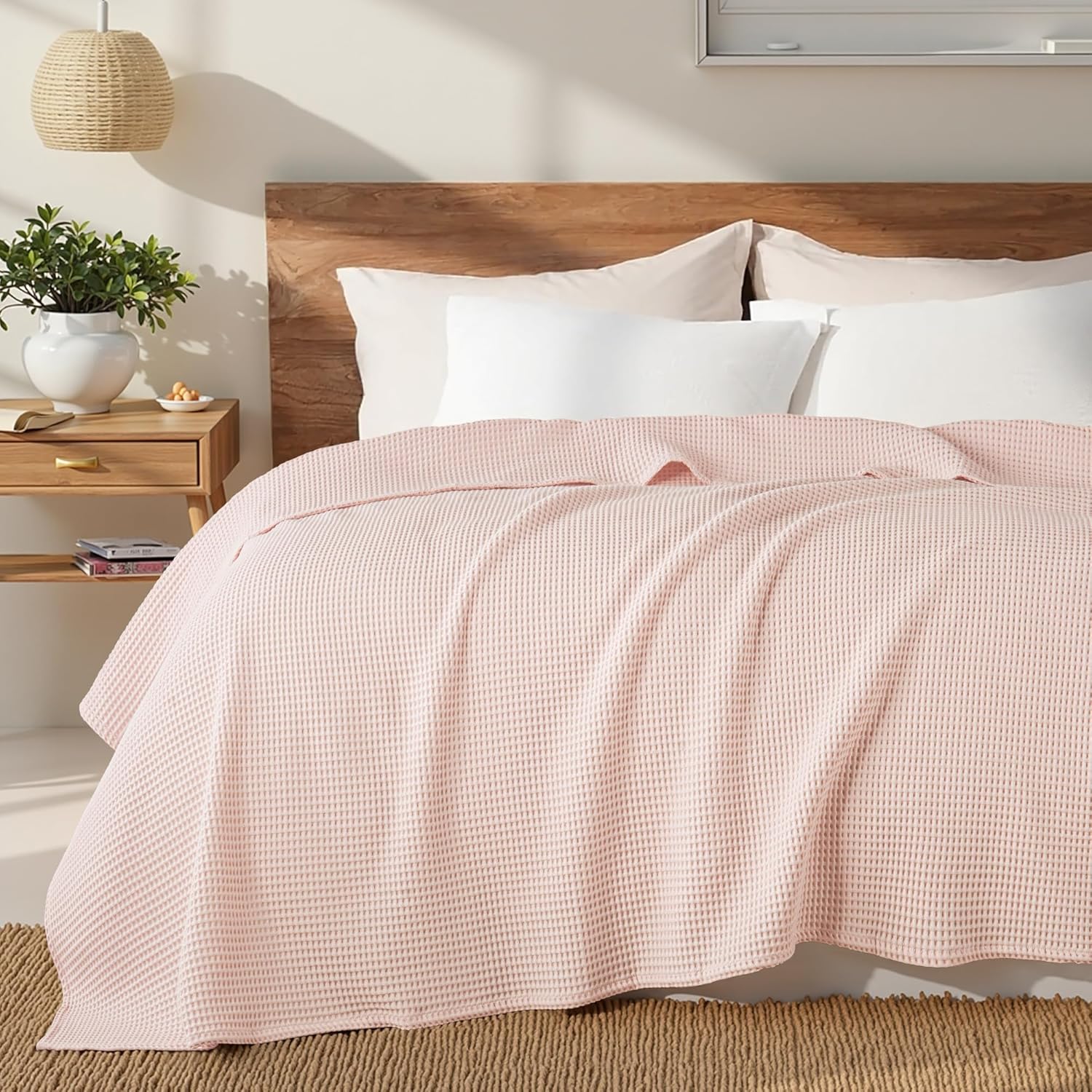 Exclusivo Mezcla 100% Cotton Waffle Weave Blanket King Size, Soft, Lightweight and Breathable Muslin Gauze Blanket for Bed, All Season, 90"x104", Pink