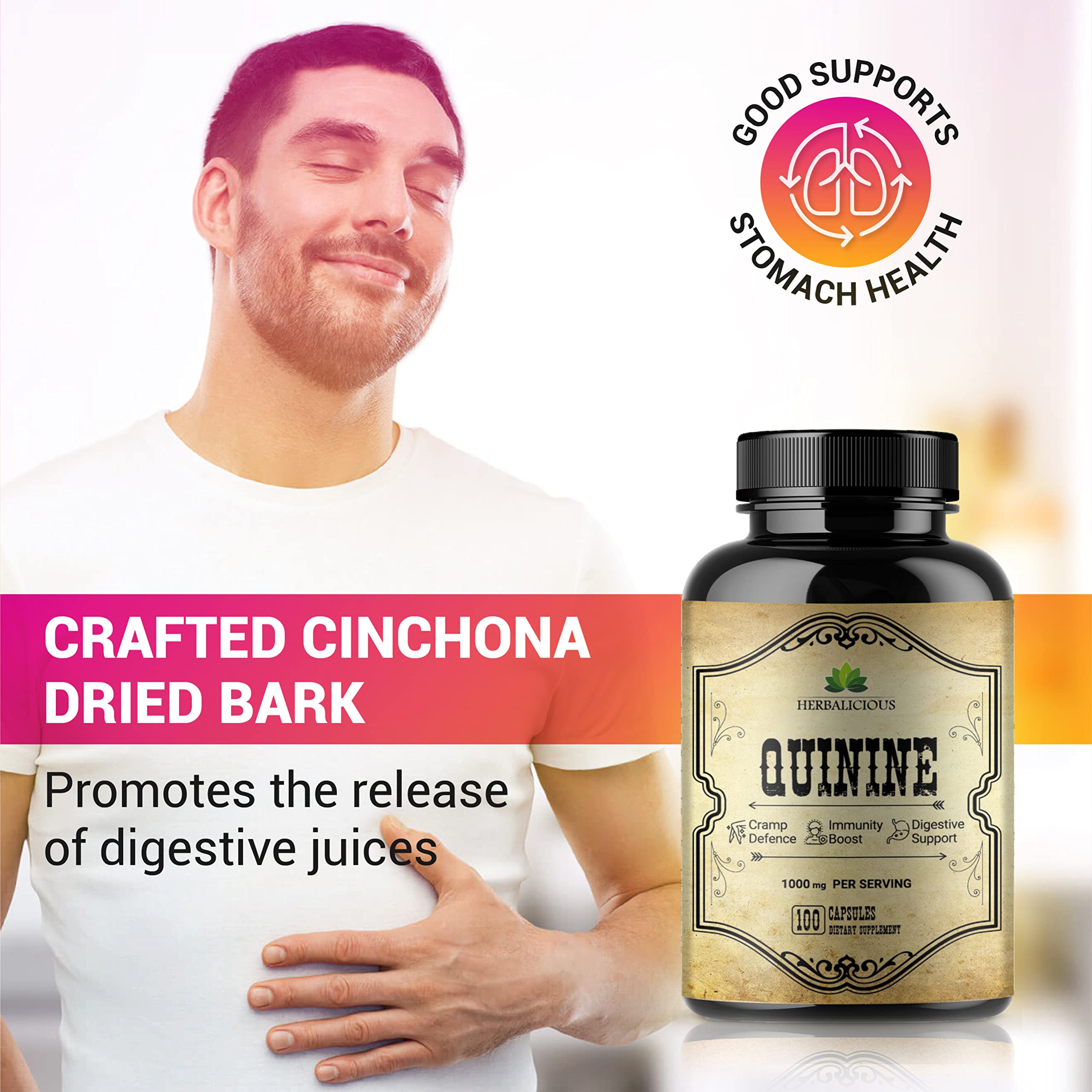 HERBALICIOUS Quinine Capsules - Cinchona Officinalis Bark Herbal Supplement for Muscle, Cramp Defense and Overall Digestive Health - All-Natural Quinine Sulfate Pills, 500mg per Capsule, 100 Tablets — Amazon image 3