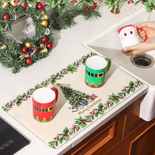 Miniatura 5 de Tinideya Tapete de secado de platos retro para árbol de Navidad para encimera de cocina, 12 x 20 pulgadas, tapete de café de Navidad, tapete
