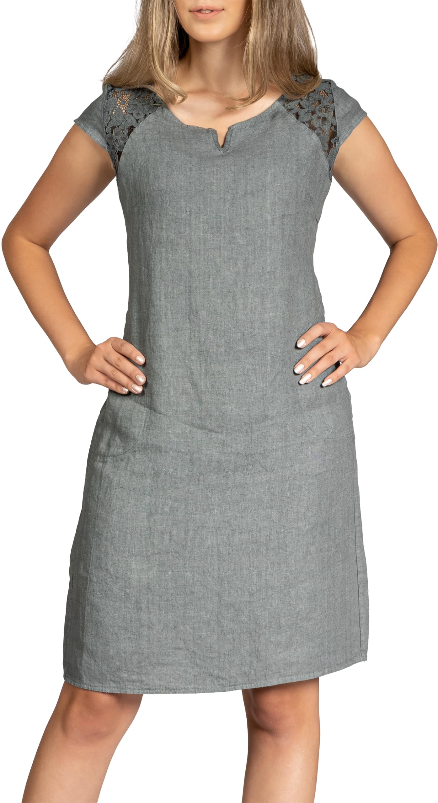 Caspar SKL042 Damen Sommer Leinenkleid mit dezentem Spitzeneinsatz