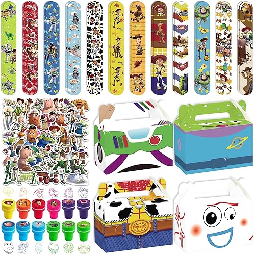 Toy Inspired Story - Recuerdos de fiesta, decoraciones de cumpleaños de historias inspiradas en juguetes, 12 cajas de papel para dulces, 24 pulseras