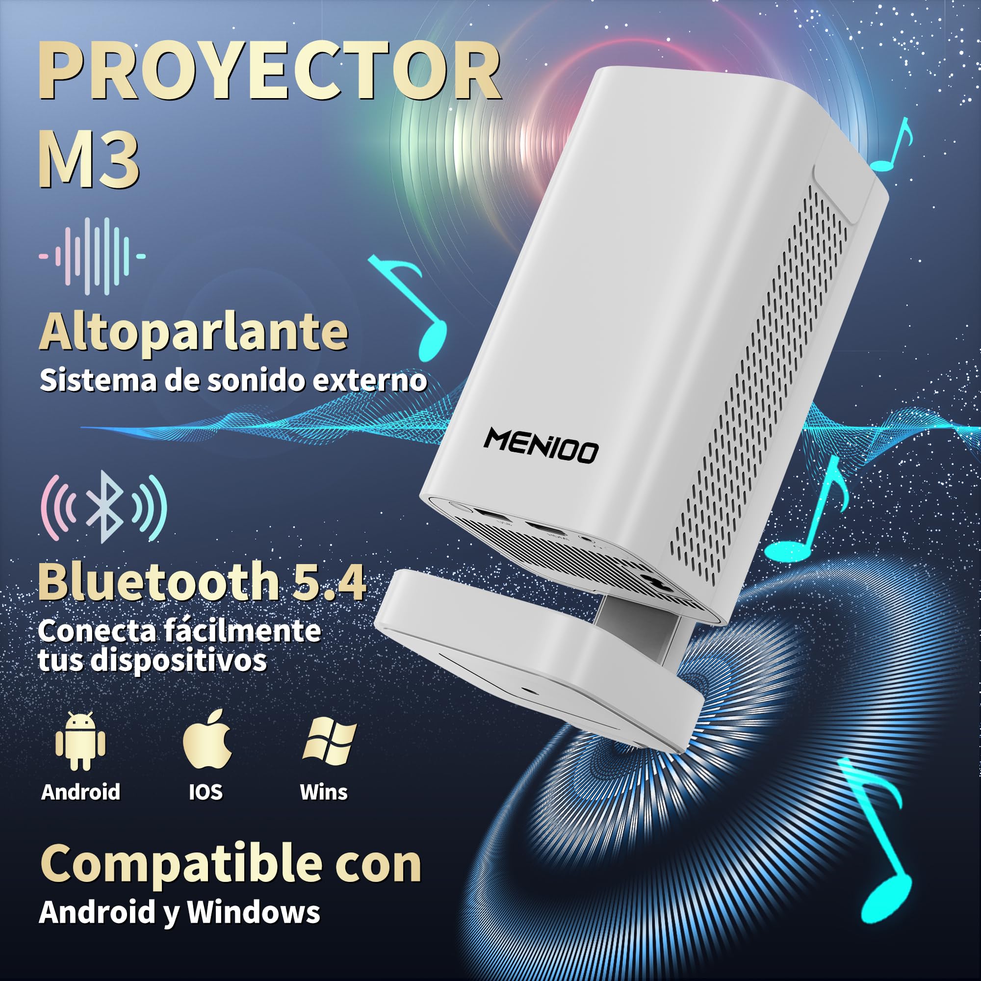 Mini Proyector 4K 1080P Full HD, 2026 Upgraded Proyector Portátil [Built-in Apps & Auto Focus] con Auto Keystone y 90° Rotable con WiFi 6 Bluetooth 5.4 con HDMI/TV Stick/USB/Laptop - Blanco