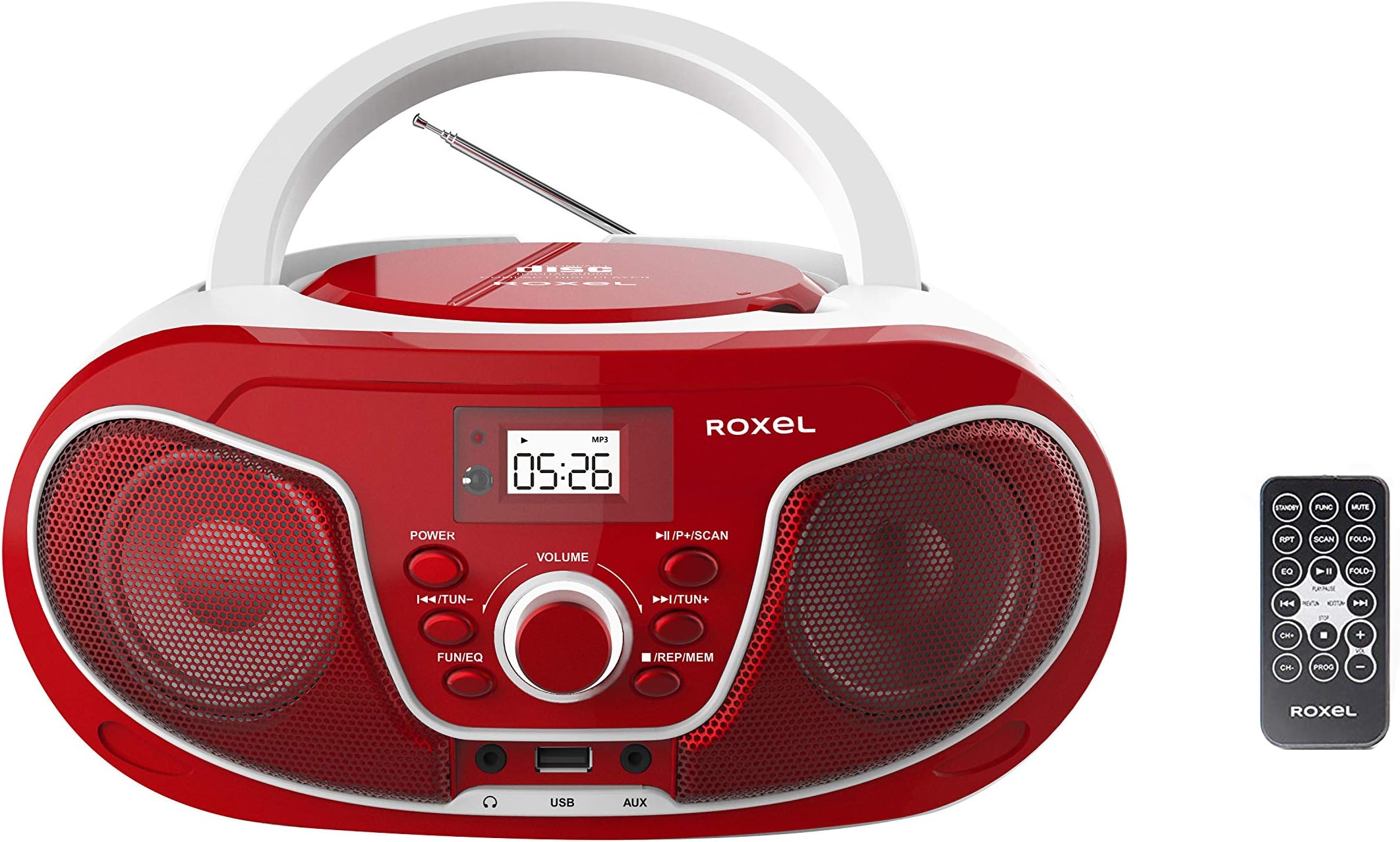 Roxel RCD-S70BT Portable Boombox CD Player with Remote Control, FM Radio, USB MP3 Playback, 3.5mm AUX Input, Headphone Jack, LED Display Wireless Music Streaming (Red)