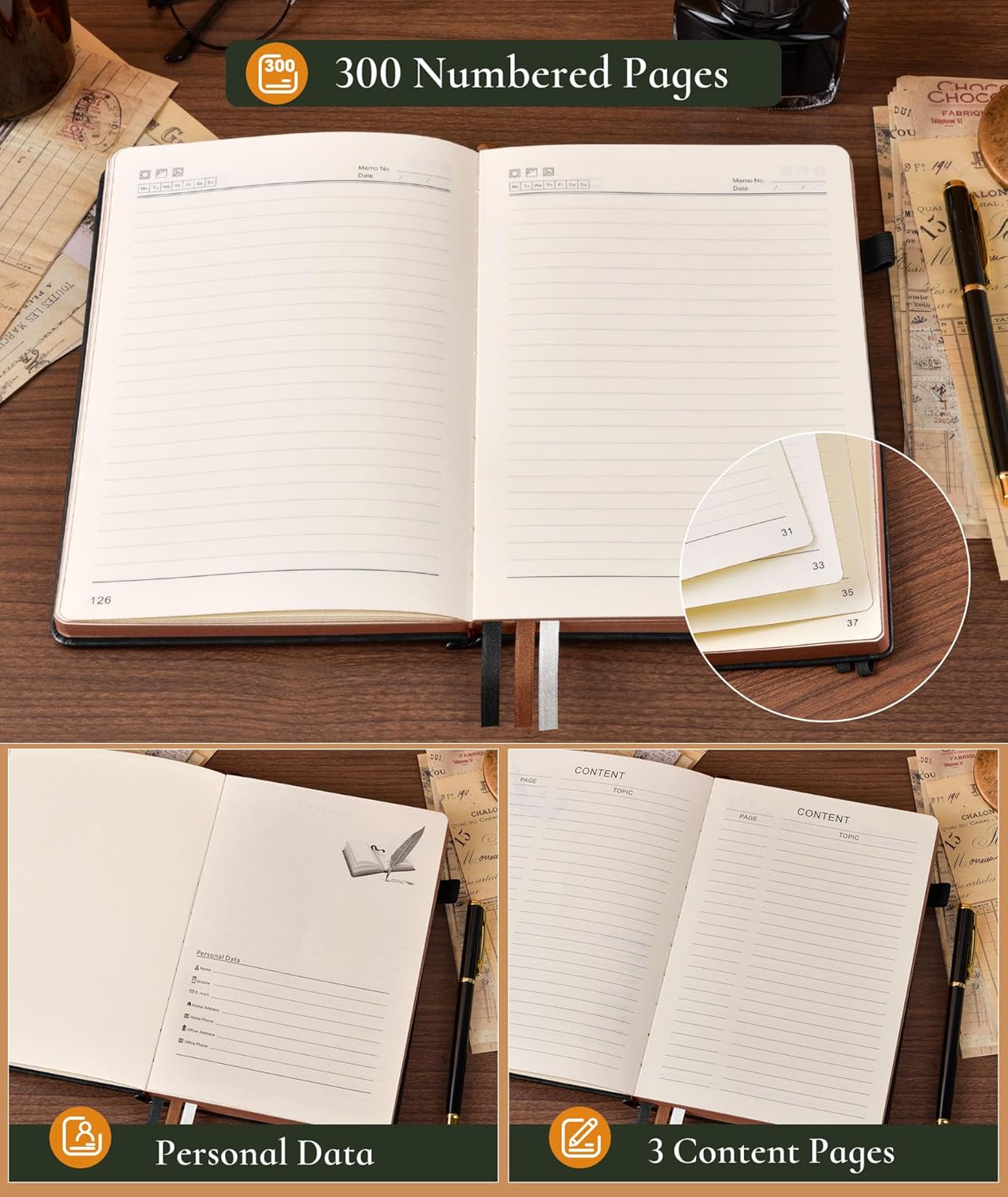 Vintage Leather Journal - 300 Page Lined Journal Notebook with Numbered Pages,A5 Notebook for Women Men,Travel Diary,Daily Journal for Writing, Note Taking, School & Work (5.8" x 8.3") - Image 6