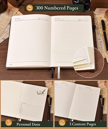 Vista 6 de Diario vintage de cuero con 300 páginas numeradas, diario rayado A4 para hombres y mujeres, diarios para escribir, cuaderno de rayas universitarias