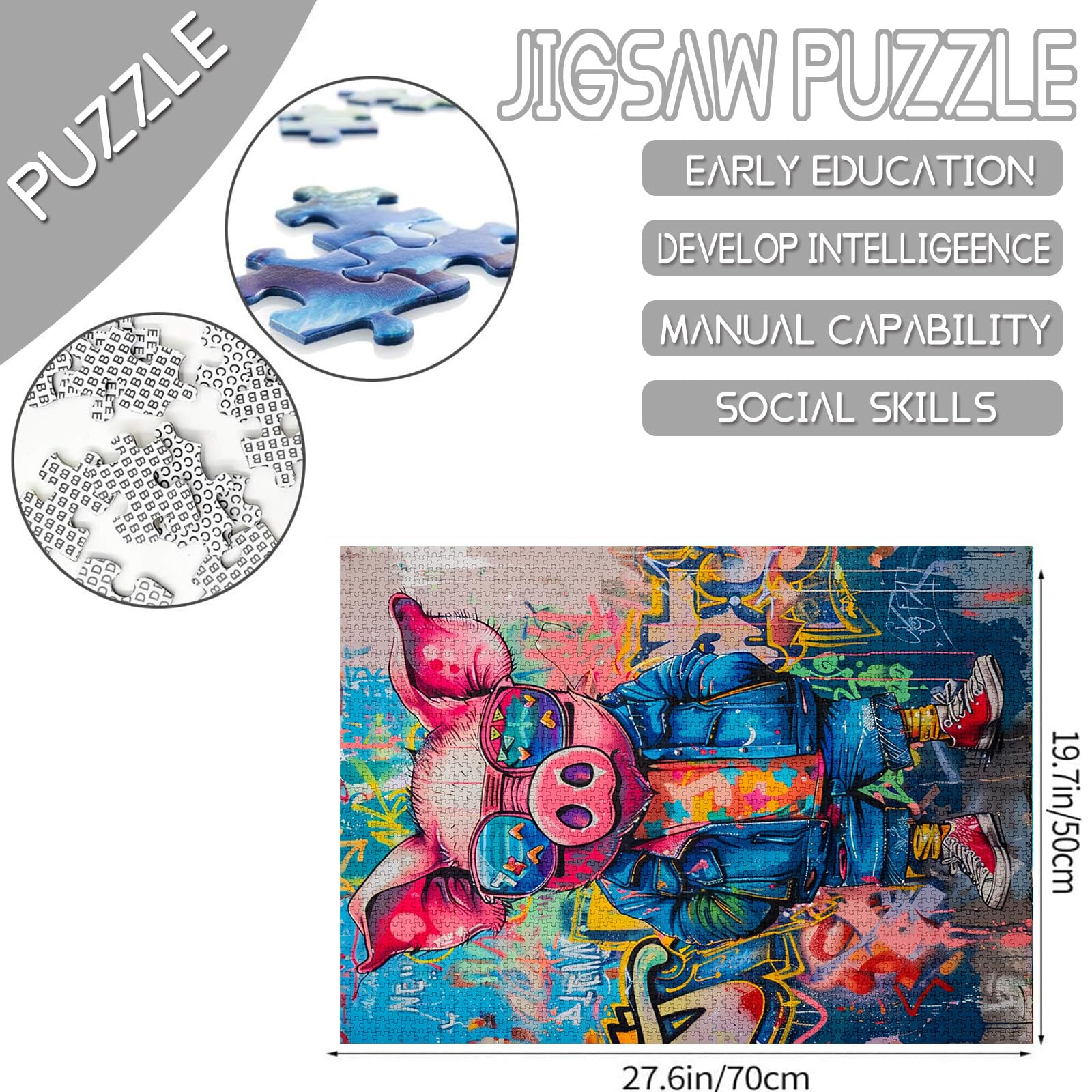 Tucocoo 1000 Piece Jigsaw Puzzles for Adults Cool Pig Painting Jigsaw Puzzle Funny Animal 1000 Pieces Puzzles for Challenging Family Activity Game Colorful Graffiti Art DIY Puzzle Wall Decor Gifts - Image 3