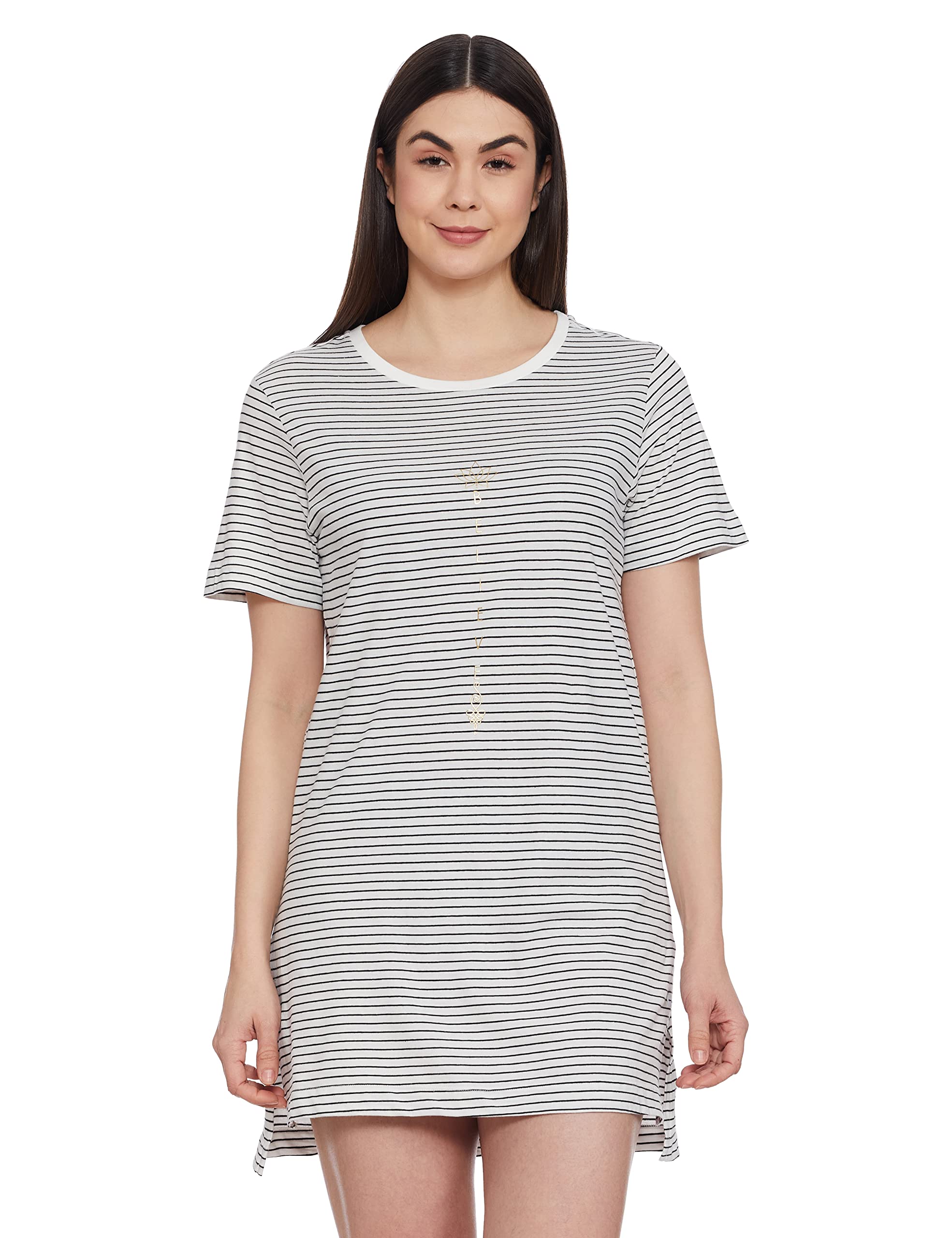 Enamor Short Sleeve Crew Neck Mid Thigh Length Pull On Striped Tunic T-Shirt for Women - Relaxed Fit, Soft and Breathable Lightweight Cotton - EA61