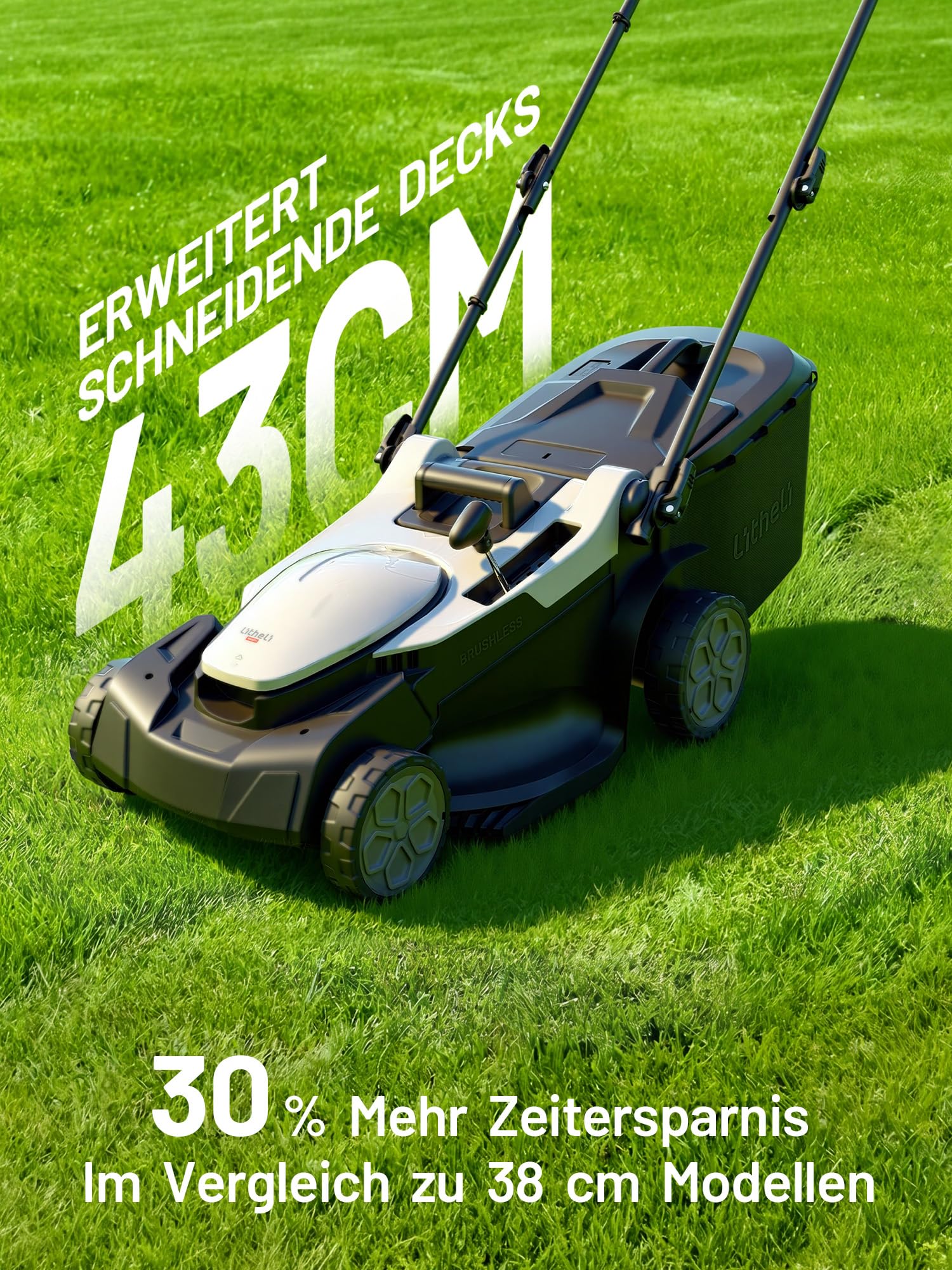 U20 Litheli Akku Rasenmäher, 2 x 20V, 43cm Schnittbreite, Brushless, bis 500 m², 40L Fangkorb, 25-75 mm Schnitthöhe, inkl. 2 x 4,0 Ah Akkus