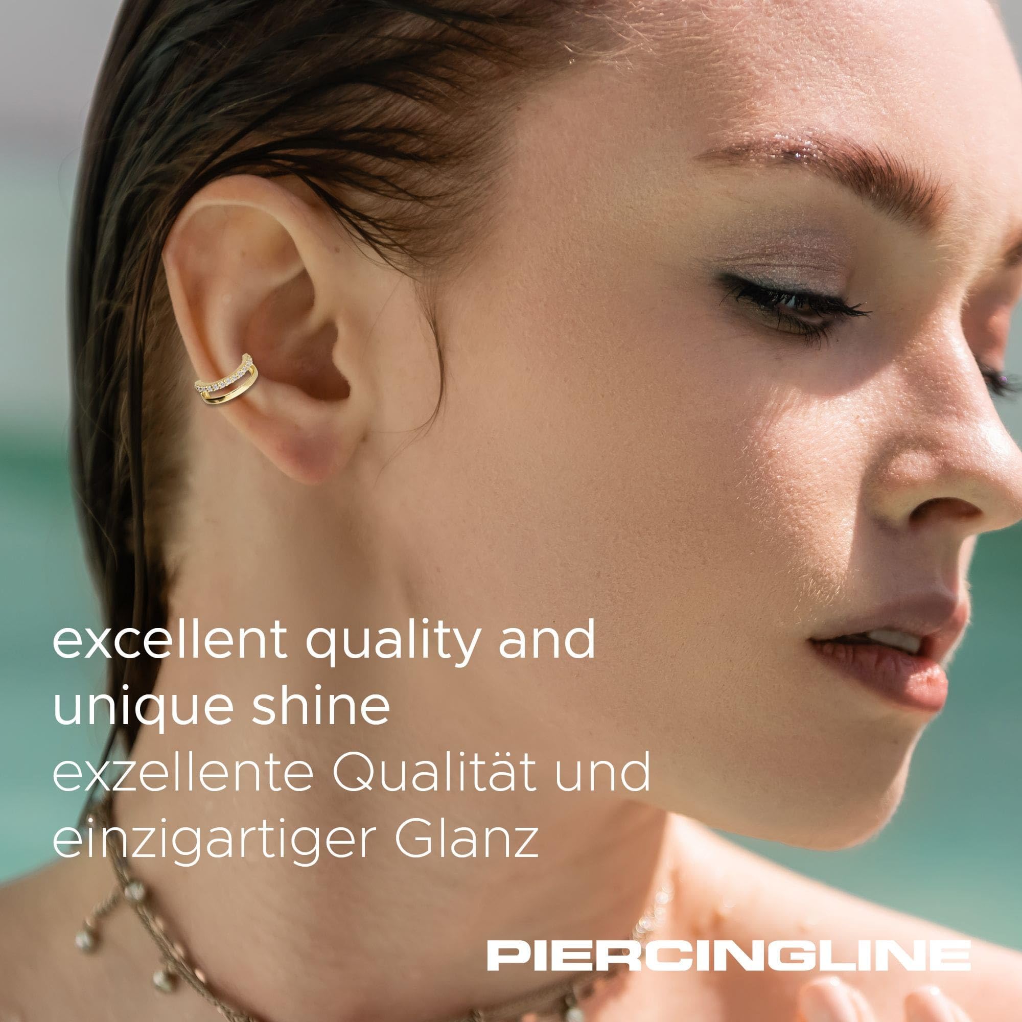 PIERCINGLINE Piercing Ring 14K Gold Segmentring Clicker EINGEFASSTE MOISSANITE + DOPPELRING 585er Gold - Goldfarben