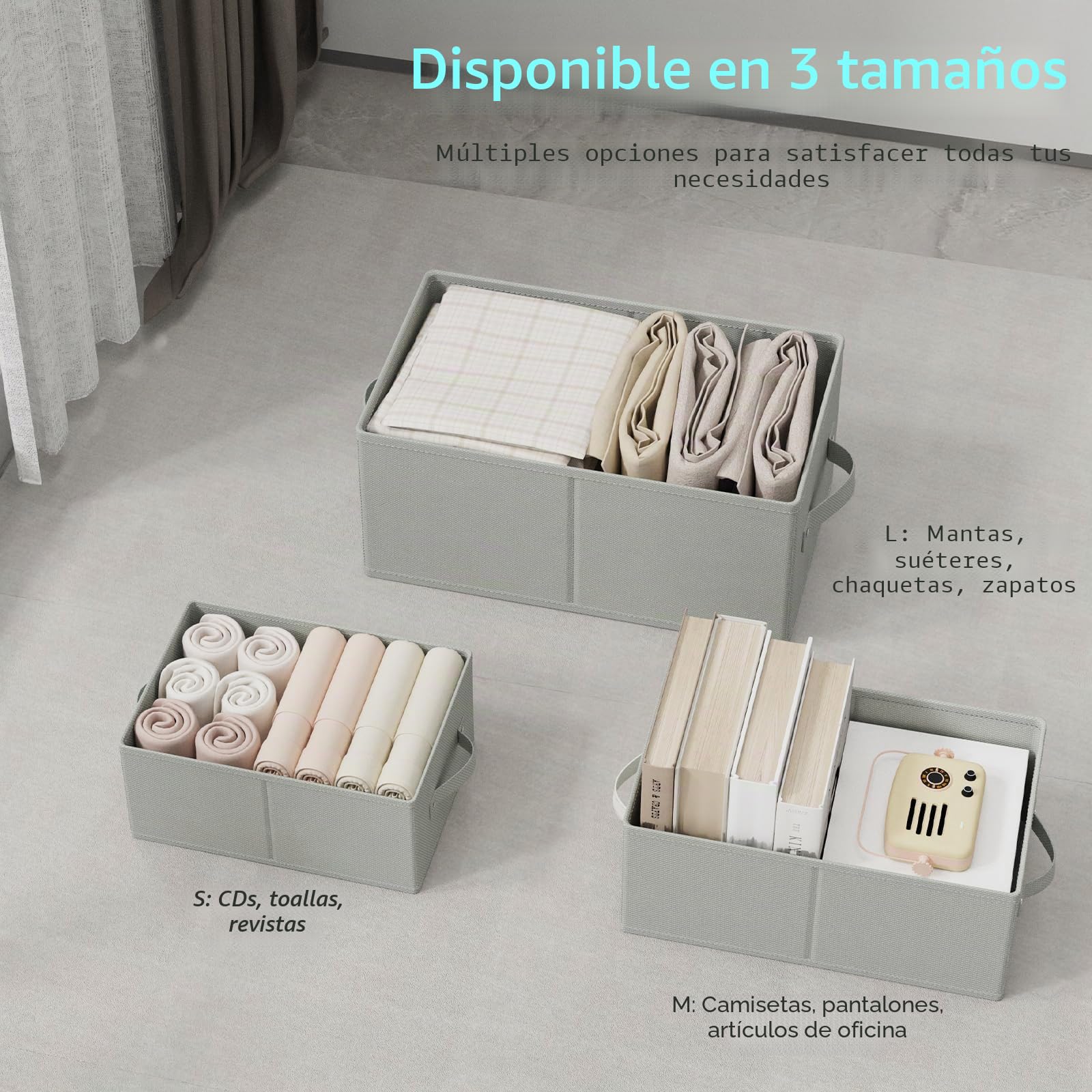 Cajas de Almacenaje Robusto, Juego de 3 Cajas, 47x28x20 cm, Gris | Almacenaje de Tela para Ropa con 2 Asas, Cajas Plegables para Organizar el Armario, Para Sala de Estar, Dormitorio