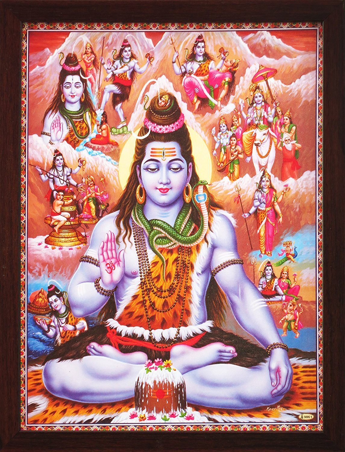 Handicraft Store Shiva Doing Meditation in Himalaya with Various Religious Posture, A Poster Painting with Frame for Hindu Religious Worship Purpose