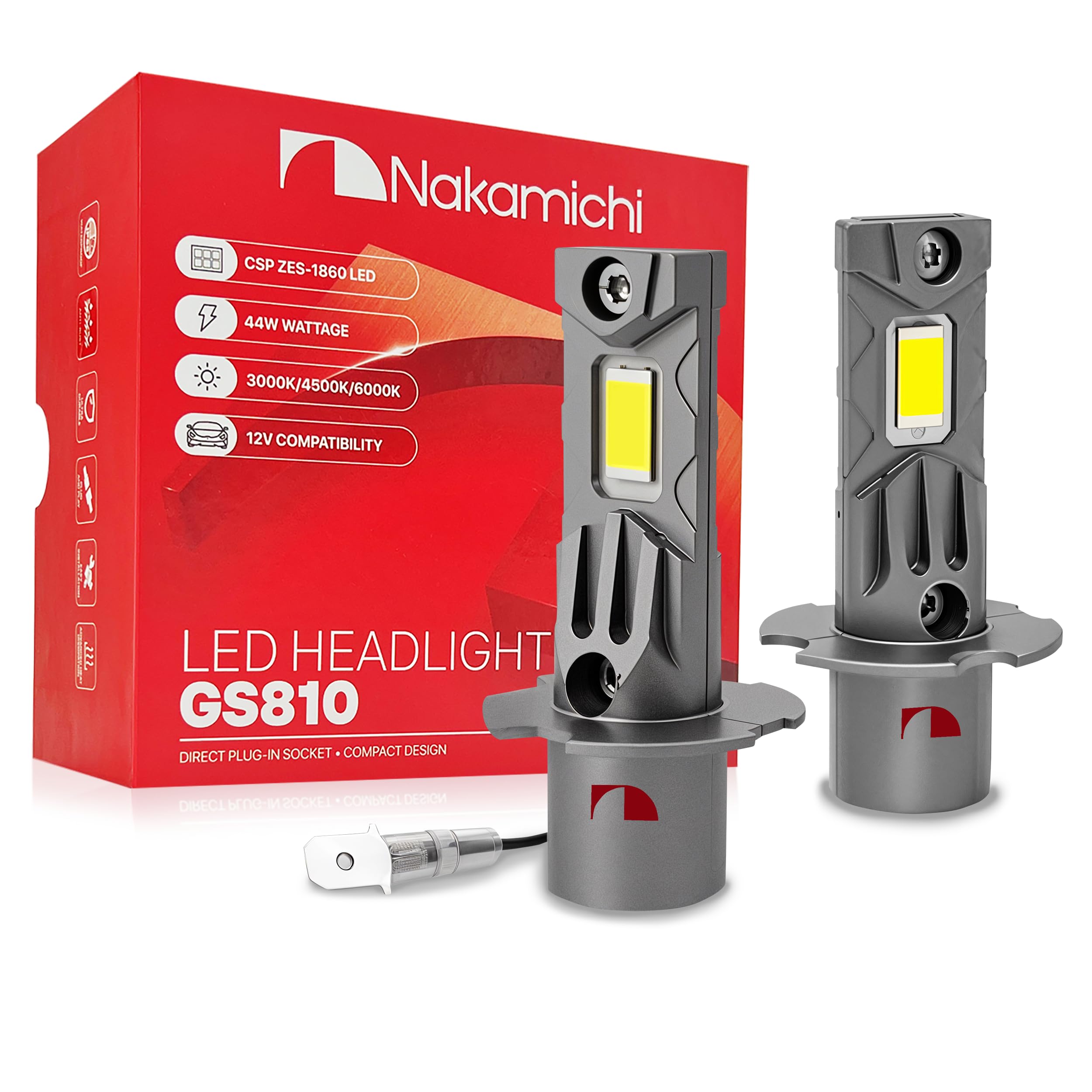 Nakamichi Serie GS810 Lampadine LED H1 per Fari e Fendinebbia, 12.000 Lumen 44W per Set, Bianco Luce del Giorno, Plug and Play, Fascio 1:1, Confezione da 2, 6000K, H1