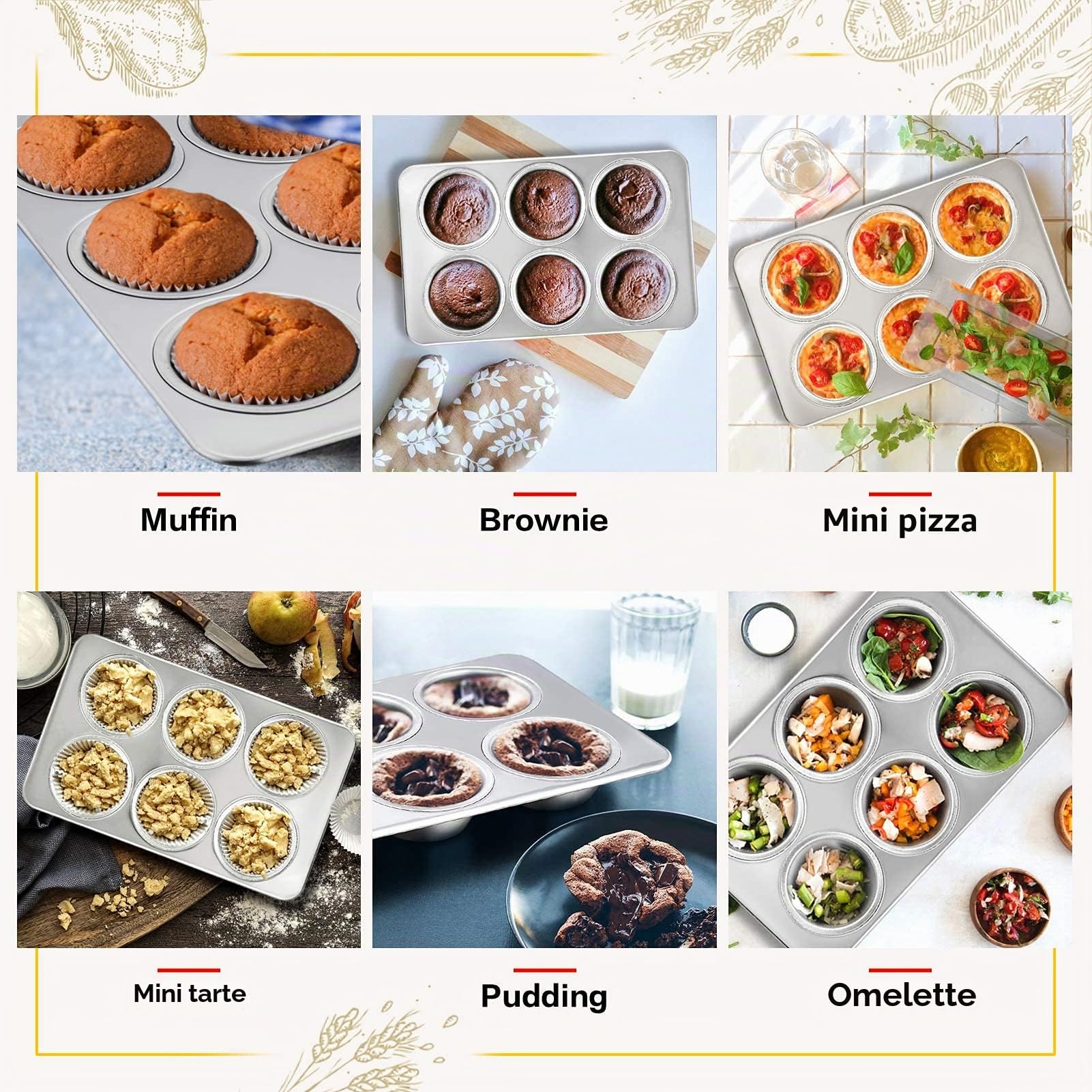 Homikit Lot de 2 moules à muffins en acier inoxydable pour 6 muffins, cupcakes, puddings, brownies, 29 × 18 cm, non toxiques et sains, passent au lave-vaisselle