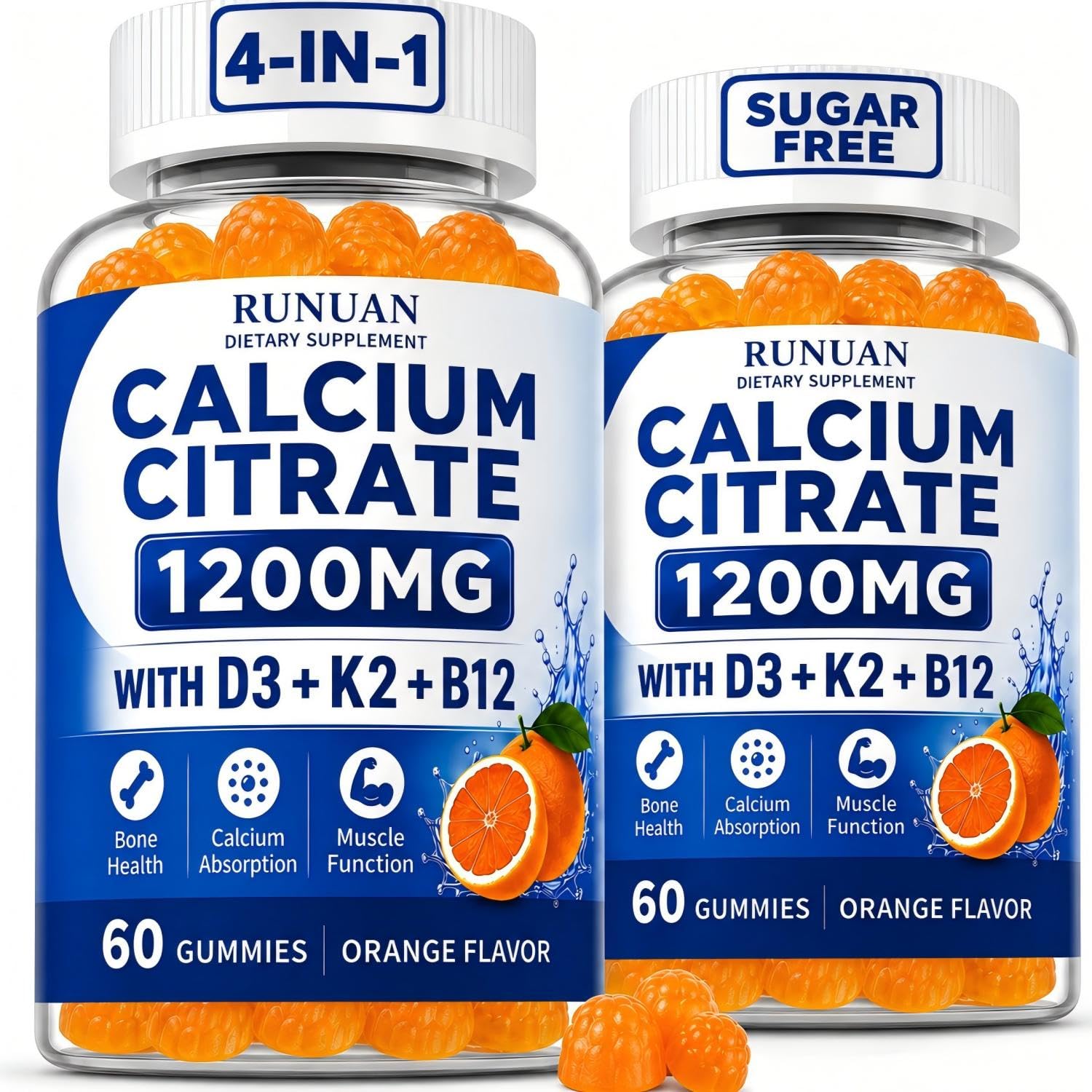 RUNUAN Suplemento de citrato de cálcio com vitaminas D3, K2 e B12 1200 mg – 120 gomas