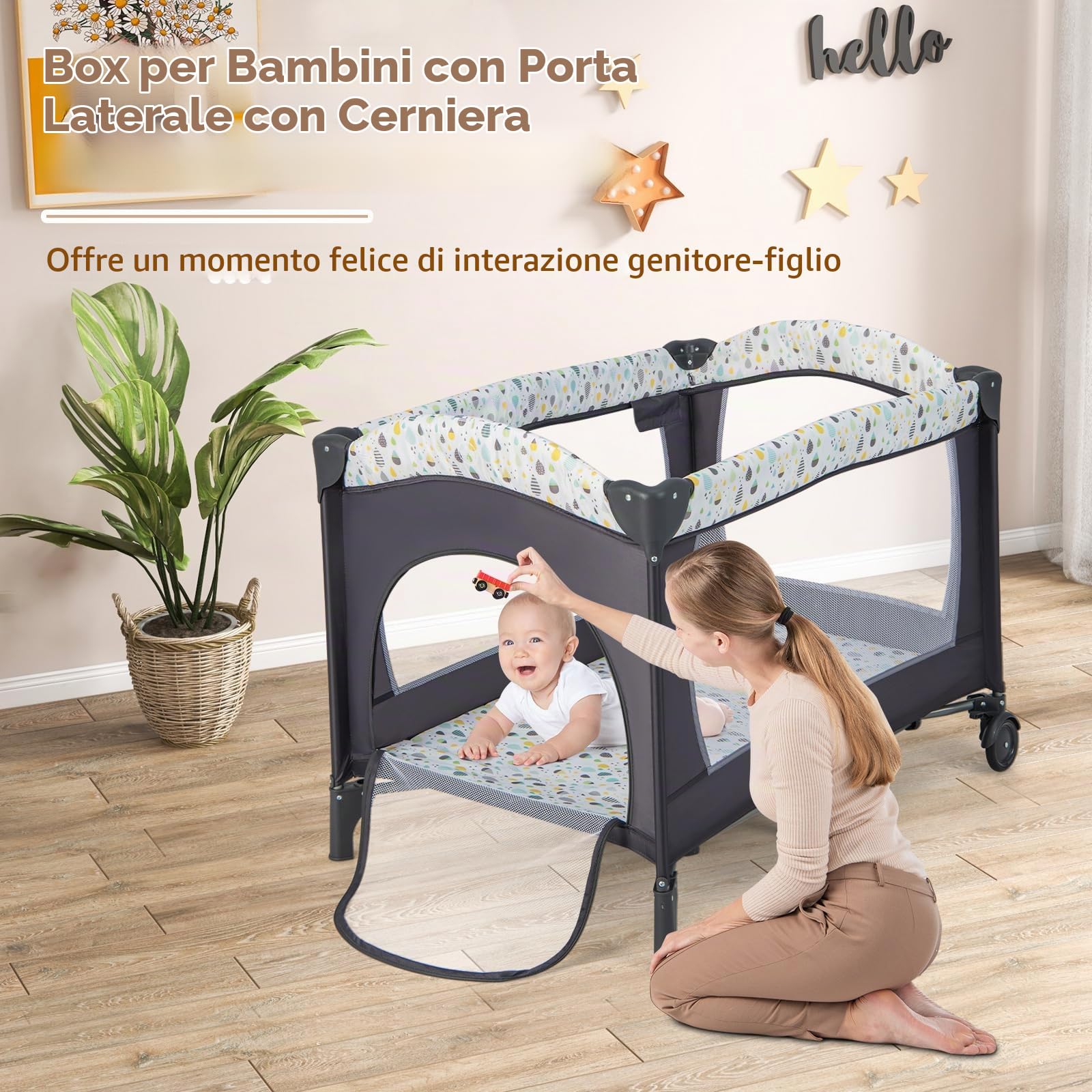RELAX4LIFE 4 in 1 Lettino da Campeggio con Materasso per Bambini, Culla da Viaggio per Neonati con Fasciatoio, Carillon e Ruote Bloccabili, Adatto a Bambini da 0 a 36 Mesi (Beige)