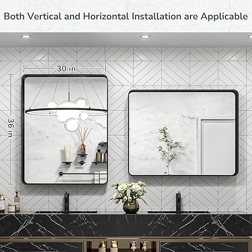 Miniatura 8 de TokeShimi - Espejo para pared de baño, espejo de tocador con marco de metal de aleación de aluminio inoxidable, esquinas redondeadas, negro