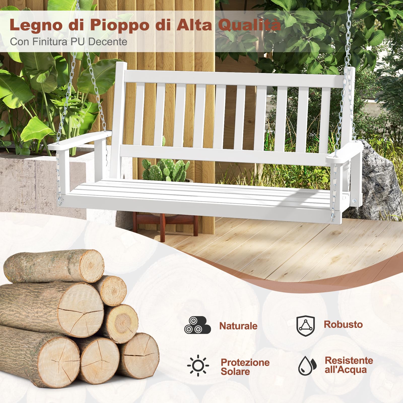 GYMAX Altalena da Giardino in Legno, con Schienale a Doghe, Sedile Curvo e Comodi Braccioli, Design Ergonomico per 2 Persone, Sedia a Dondolo con Capacità di Carico 230 kg (Bianco)