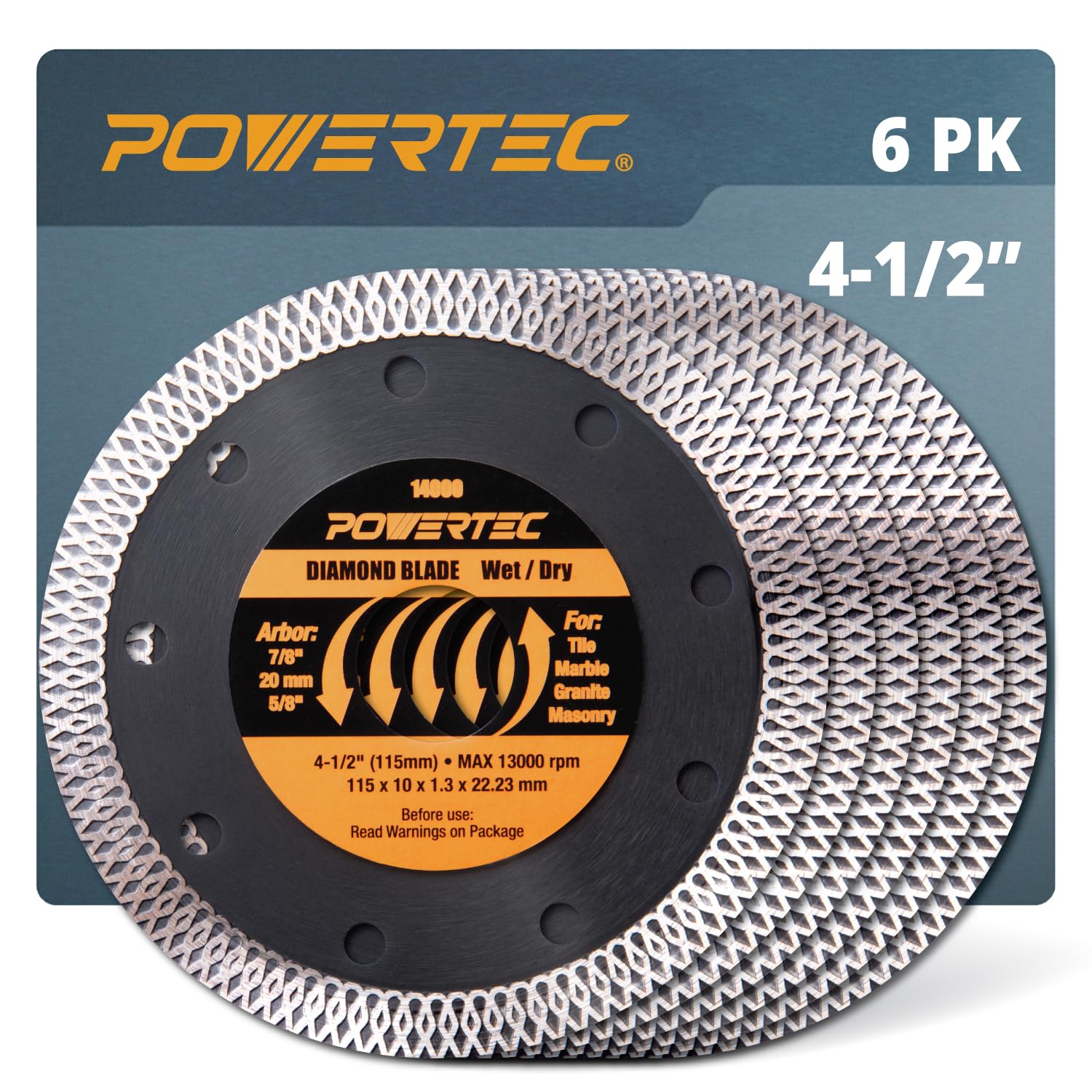 POWERTEC 4-1/2 Inch Diamond Saw Blades for Angle Grinder 6 Pack, Super Thin Turbo Mesh Rim Tile Blades for Cutting Porcelain, Granite Tile & Ceramic