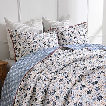DDUOXIN King Quilt Set - 100% Cotton Reversible Lightweight Thin Comforter with 2 Pillow Shams, Vintage Floral Bedspread, Bedroom Home Decor Bedding, All-Season, Dark Blue/Honey Gold
