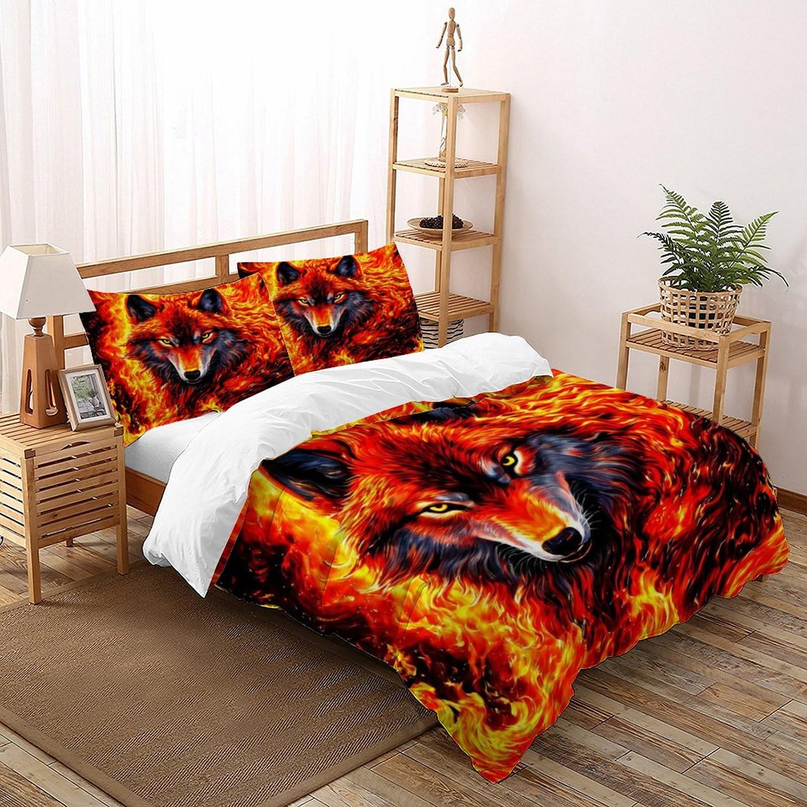 Housse de couette loup de feu 200x200 microfibres avec 2 taies d'oreiller
