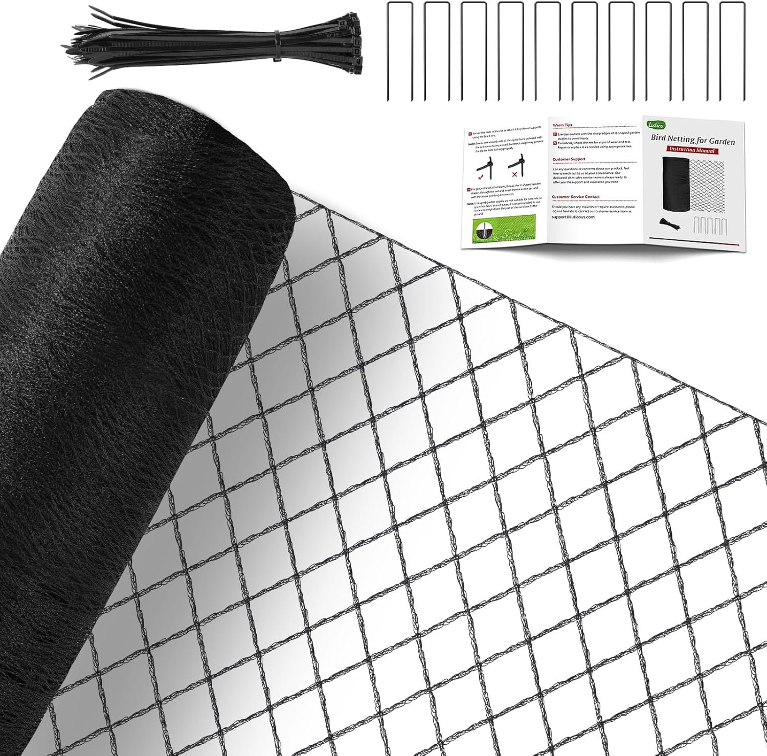 Netting for Chicken Coop, Chicken Netting for Hawks (Overhead), 7.5 x 100 ft HDPE Bird Netting, with Zip Ties & U-Stakes, Also for Berries & Fruit Trees