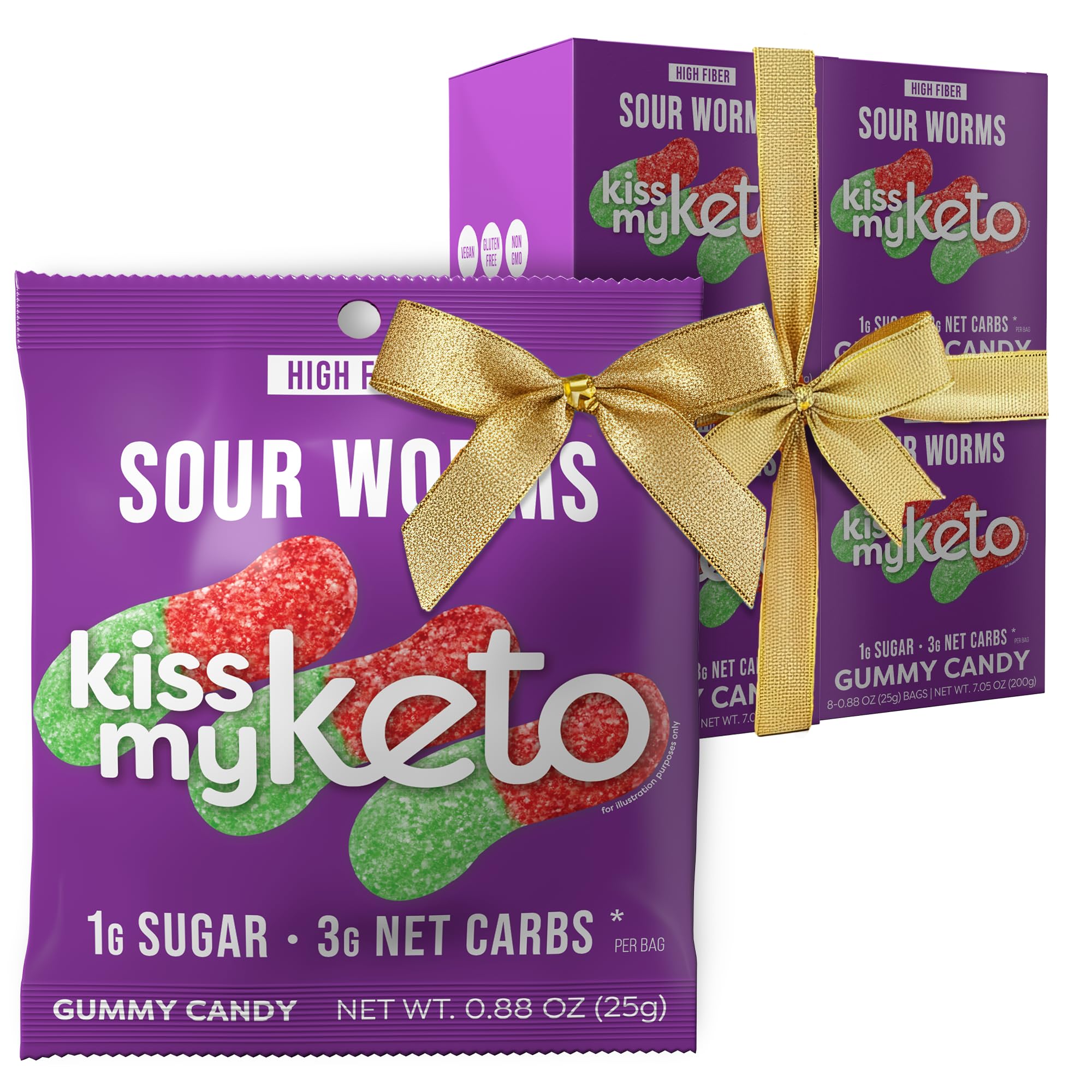 Kiss My Keto Sour Gummy Worms, 32-Pack – Satisfy Cravings while Staying in Ketosis – High Fiber, 3g Net Carbs, Non-GMO, Vegan, & No Gluten – Fruity Sugar Free Gummies