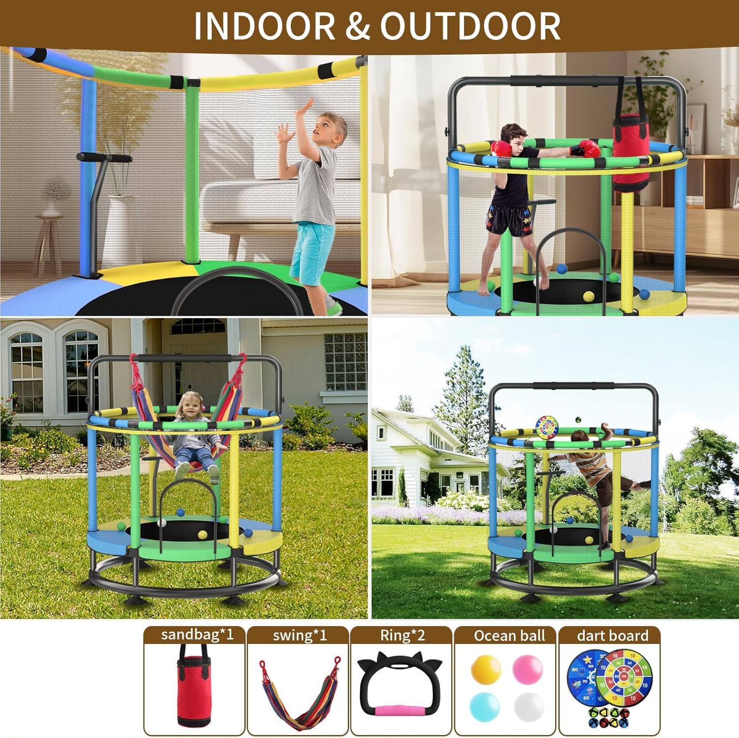 Trampoline for Kids, Full Anti-Rust 440lbs Anti-Rollover Round Bottom Toddler Trampoline, T-handrail Adjustable Baby Toddler Trampolines Dart Board