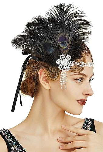 Miniatura 6 de BABEYOND - Diadema clásica estilo flapper de 1920 los locos años 20 Gran Gatsby banda con pluma de pavo real para el cabello
