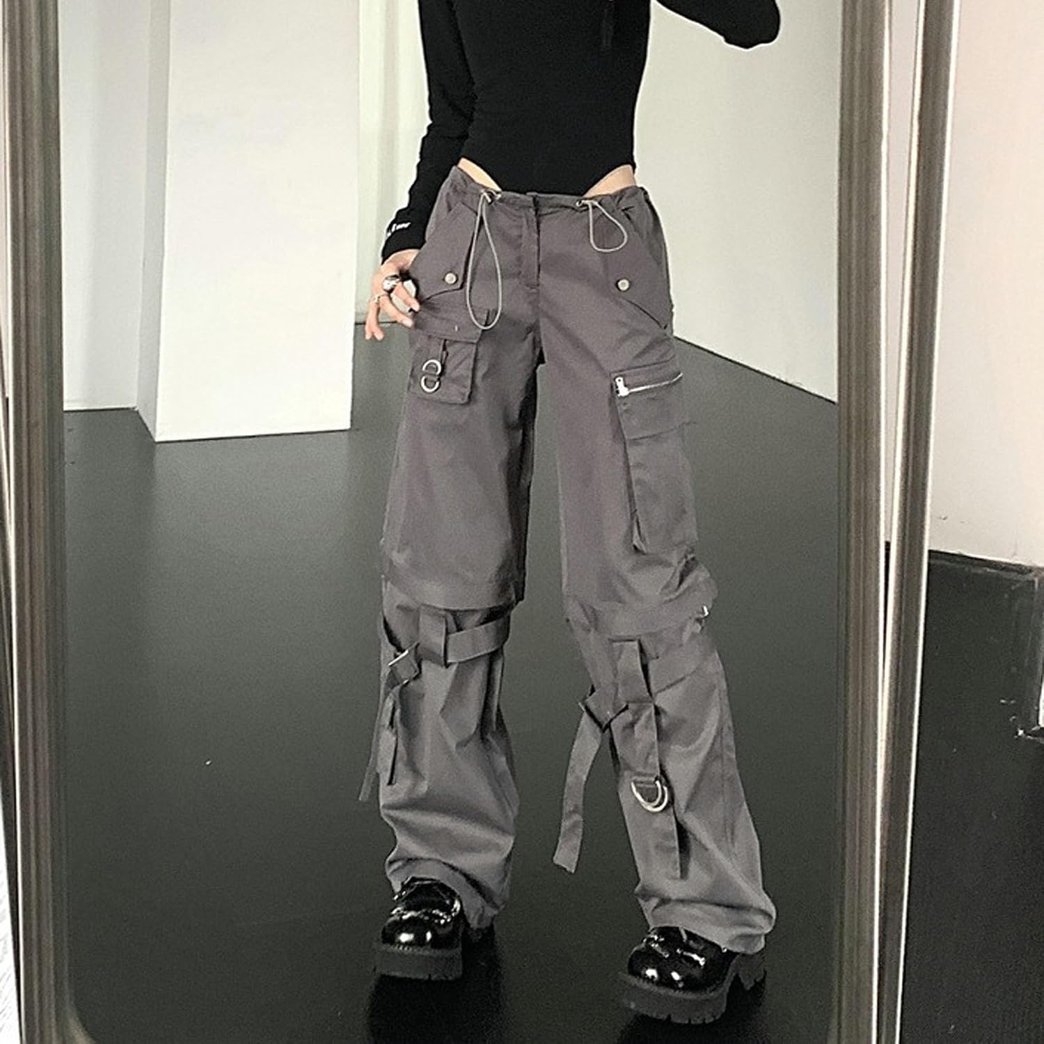 MEINVQIAOTI Goth Pants Street Dance Streamer Functional Cargo Pants for Women Detachable Two-Piece techwear Pants Women