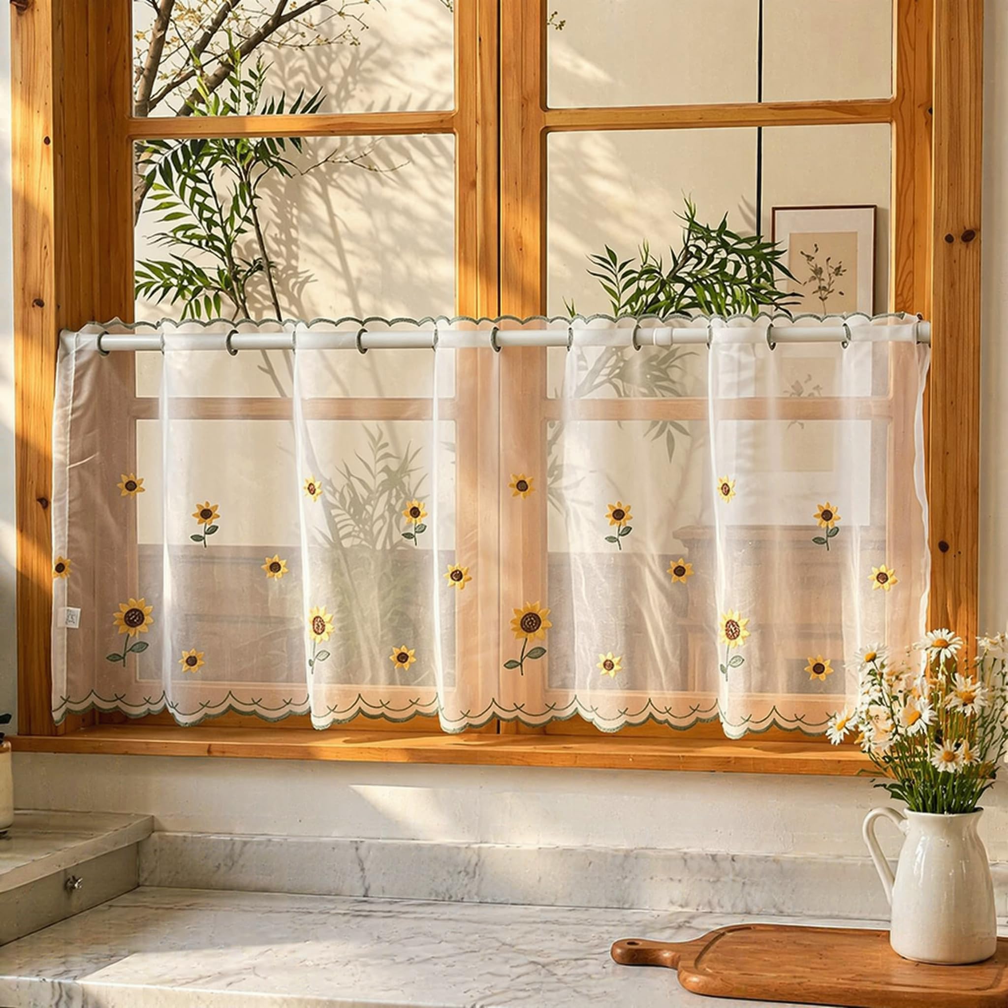 Embroidered Cafe Curtain for Kitchen French Floral Window Curtain Sheer Voile Panel Short Curtains Light Filtering Privacy Tier Curtains for Bathroom, Balcony, Bedroom (150x50cm, 1 Piece) (Yellow)
