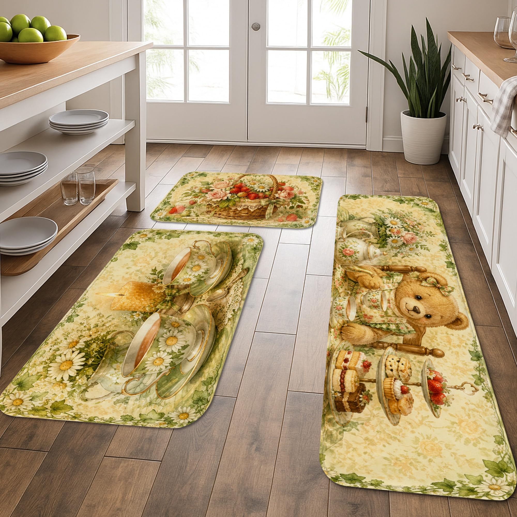 Lot de 3 tapis de cuisine lavables et moelleux à motif ours mignon