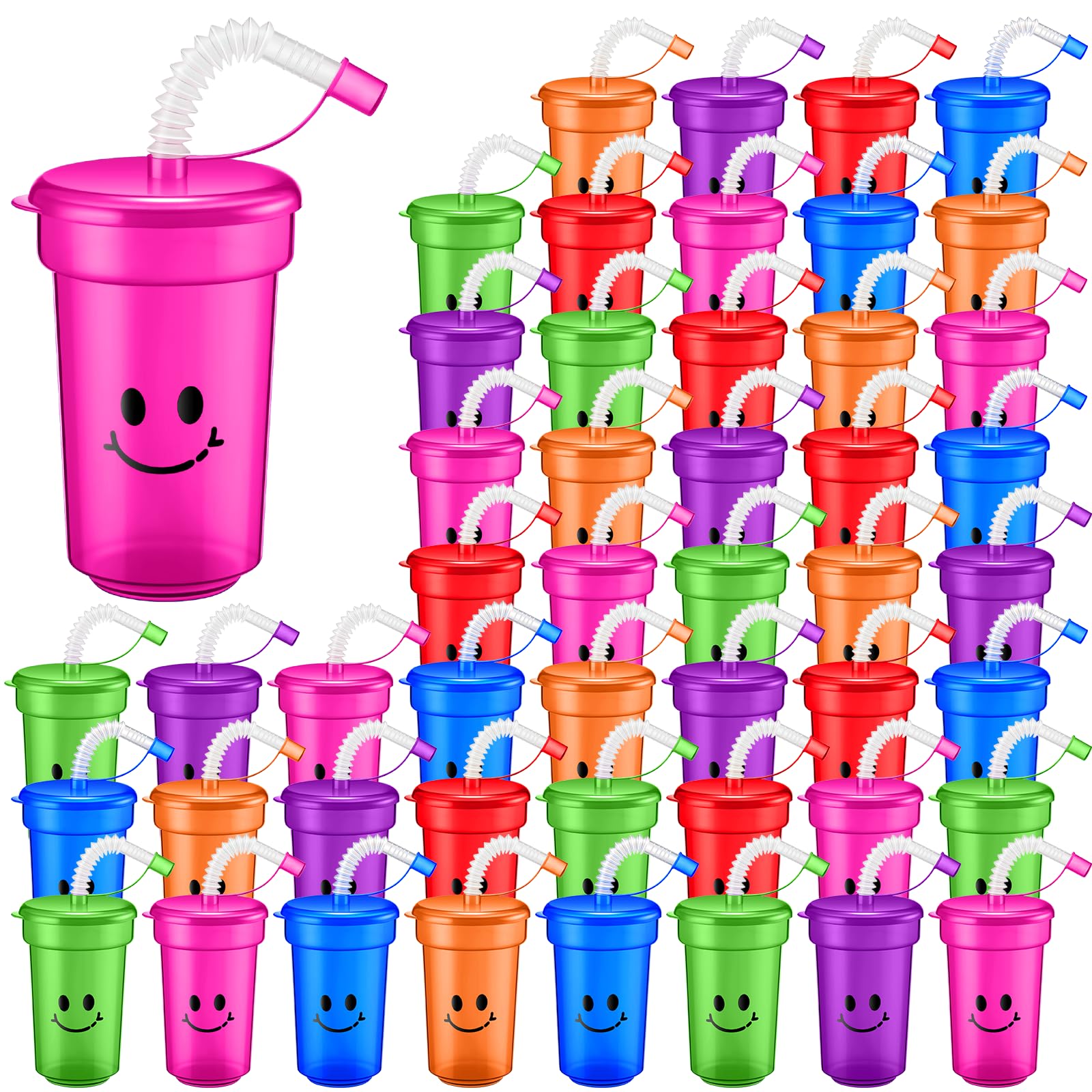 Mumufy Kids 12 oz Neon Cups Bulk Laugh Face Neon Colorful Plastic Cups Reusable Summer Birthday Supplies Kids End of the Year Present for Students(48