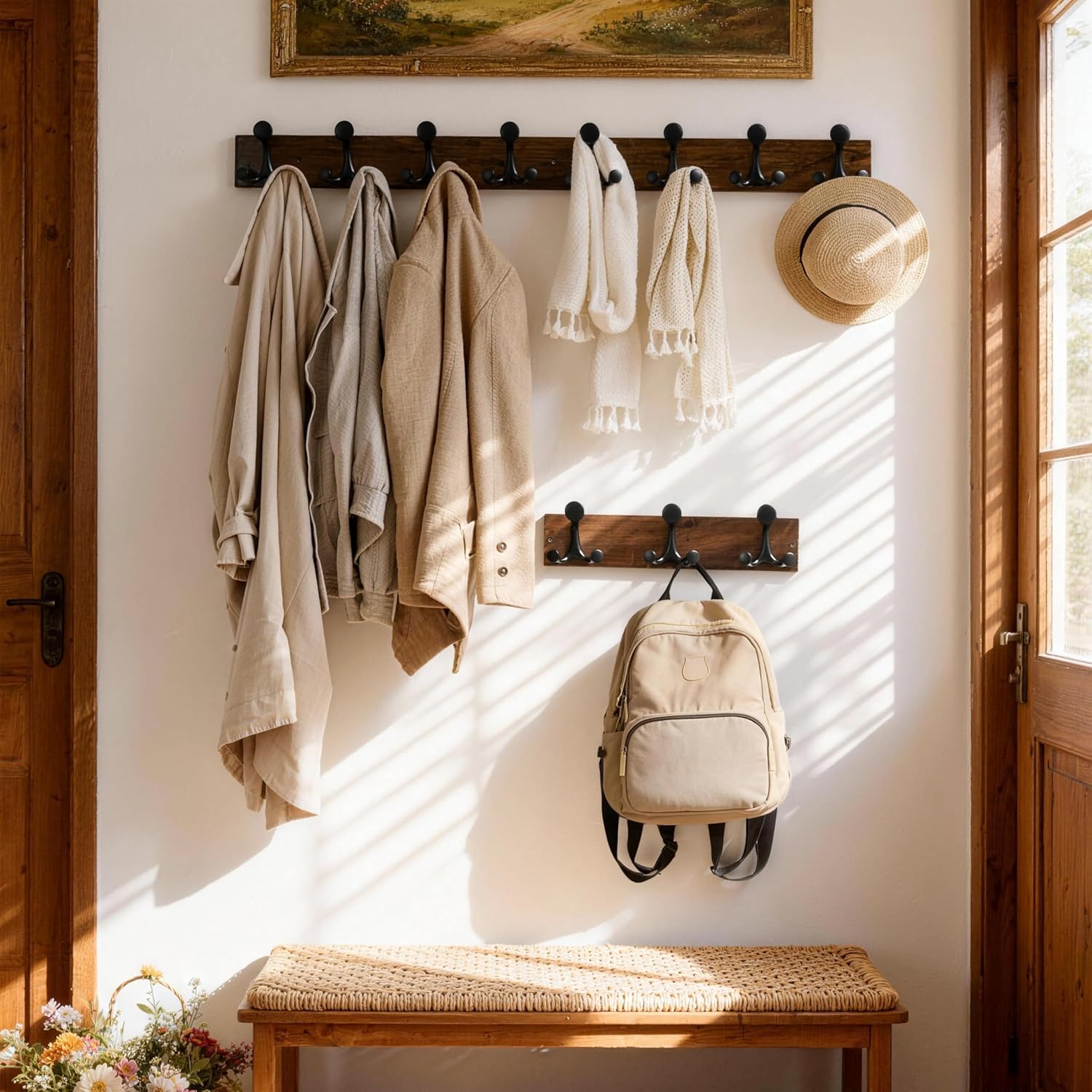 SKOLOO 17-Inch Walnut Wood Coat Rack Wall Mount with 3 Triple Hooks - Ideal for Family Entrances, Classrooms, and Pet Supplies Storage - Perfect Coat Hooks for Wall