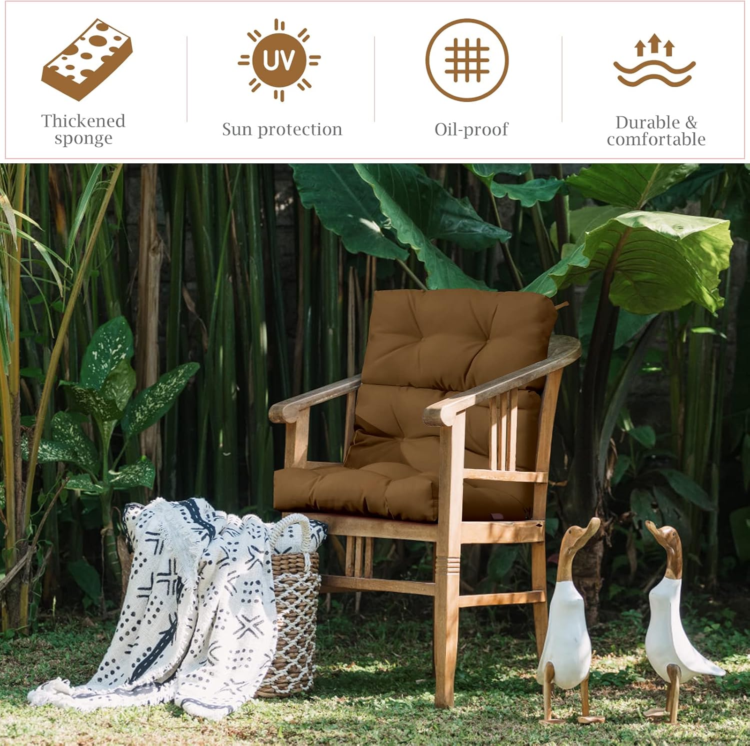 Graffy Outdoor 45” x 22” x 4.5”, High Back Tufted Seat Ties, Waterproof All-Weather Indoor Rocking Replacement Pads Chair Cushions, Brown