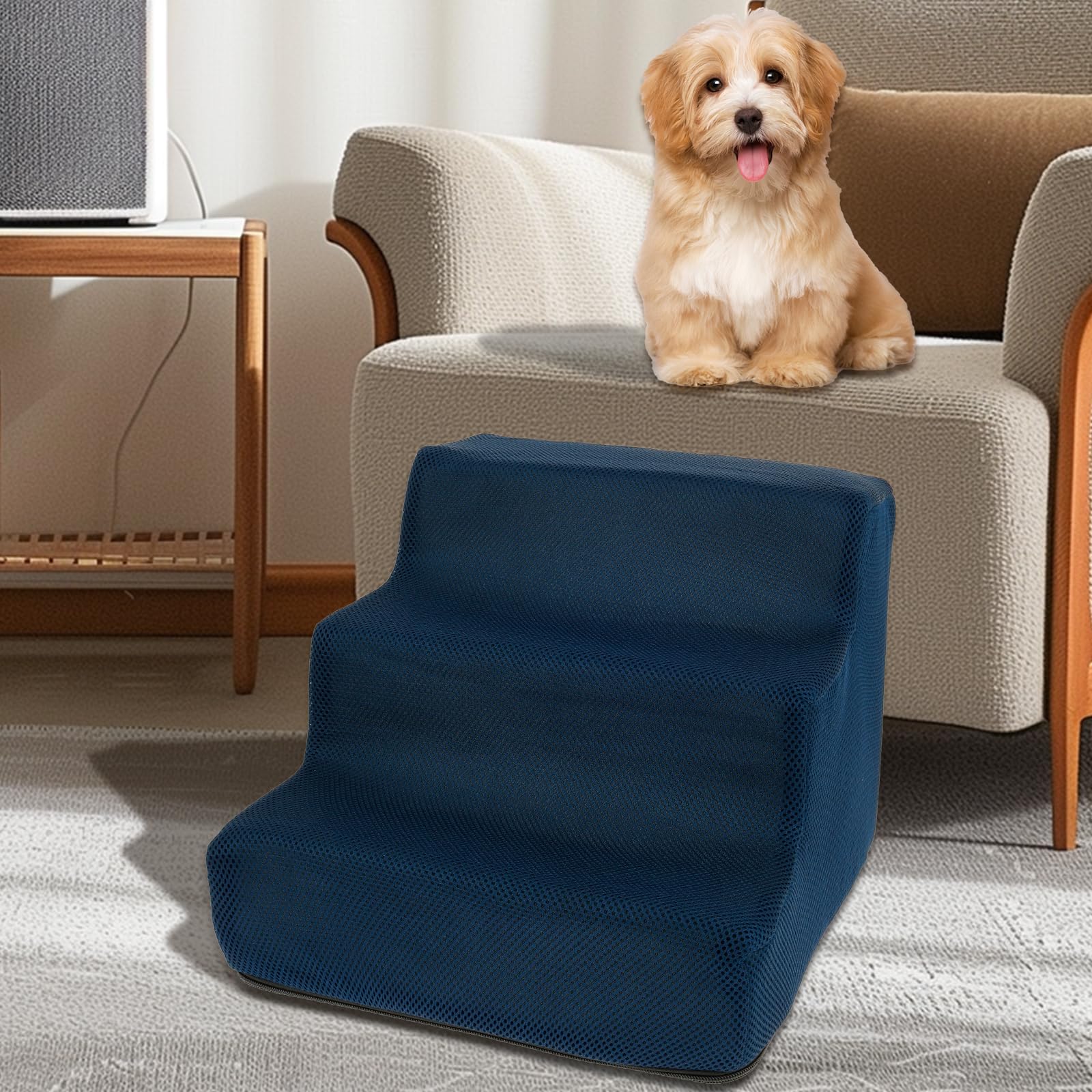 Haustiertreppe Hundetreppe 27cm 3 Stufen rutschfest mit Waschbarem 3D Cord Bezug, Hundetreppe für Kleine Hunde Hochwertige Schwamm, Hunderampe Katzentreppe, für Betten Sofas Autos