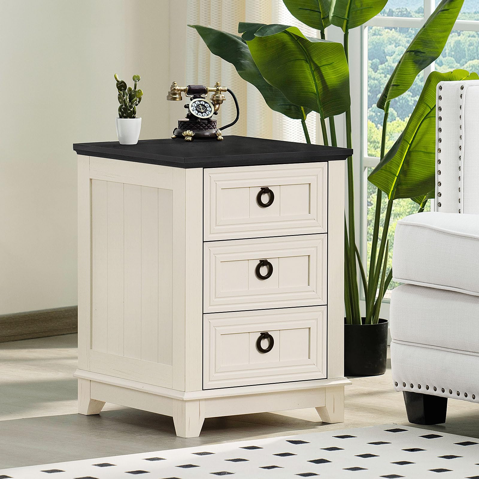Joaxswe 18" Farmhouse Night Stand with 3 Drawers, Wood End Table Dresser for Bedroom, White Nightstand, Bed Side Table with Metal Handle, Bedside