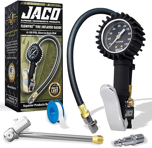 JACO Superior Products FlowPro - Medidor de inflado de neumáticos (100 PSI) con portabrocas de aire Dually Lightning serie T (kit de paquetes)