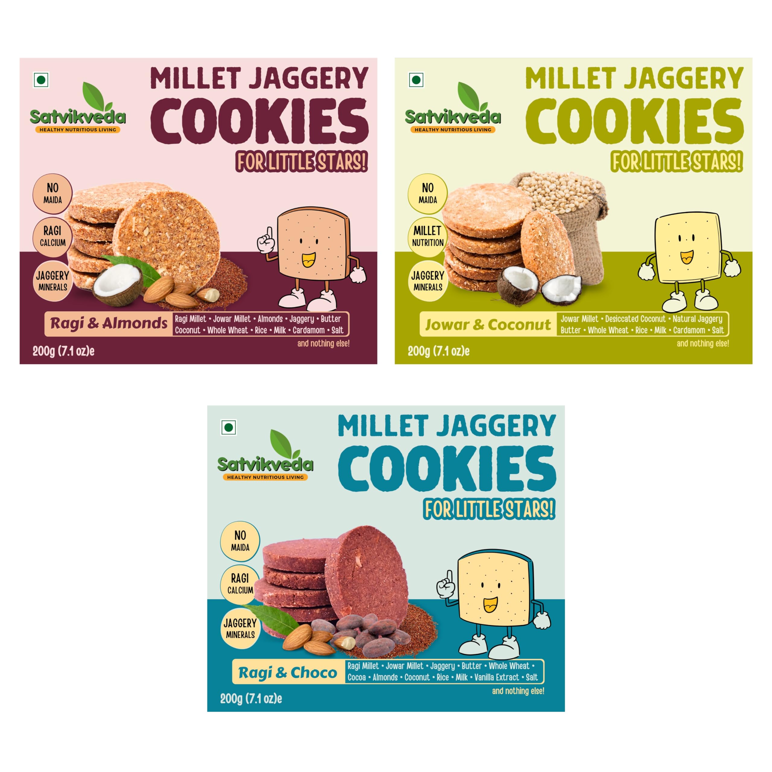 Satvikveda Millet Jaggery Biscuits Combo of 3 | Ragi Almonds 200g, Jowar Coconut 200g & Ragi Choco 200g | Cookies with Millets, Butter, Almonds & Coconut | Clean & Nutritious Family Snacks (B0D7SF9YM8) Amazon Price History, Amazon Price Tracker